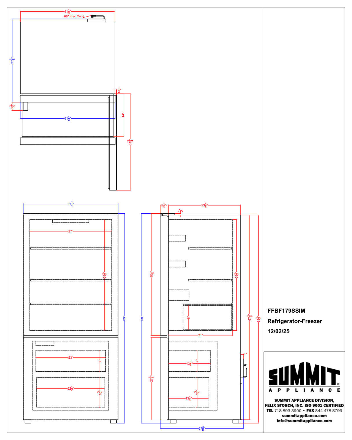 Dimension drawing for the Summit Appliance FFBF179SSIM, from the owner's manual