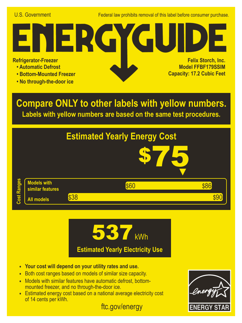 EnergyGuide label for the Summit Appliance FFBF179SSIM, from the owner's manual
