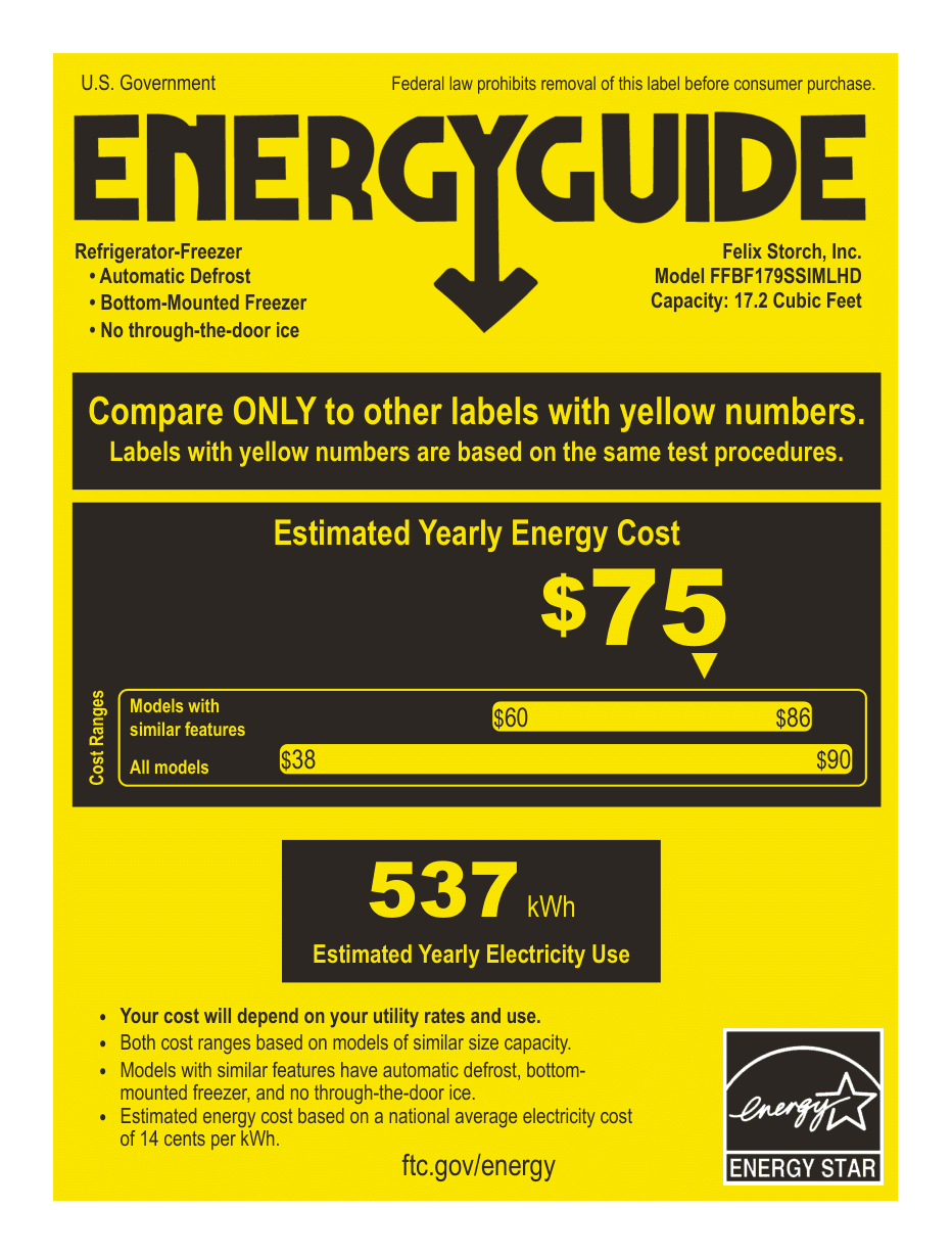 EnergyGuide label for the Summit Appliance FFBF179SSIMLHD, from the manufacturer document