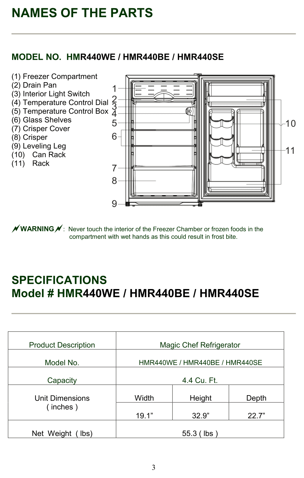 Parts diagram for the Magic Chef HMR440SE, from the manufacturer document