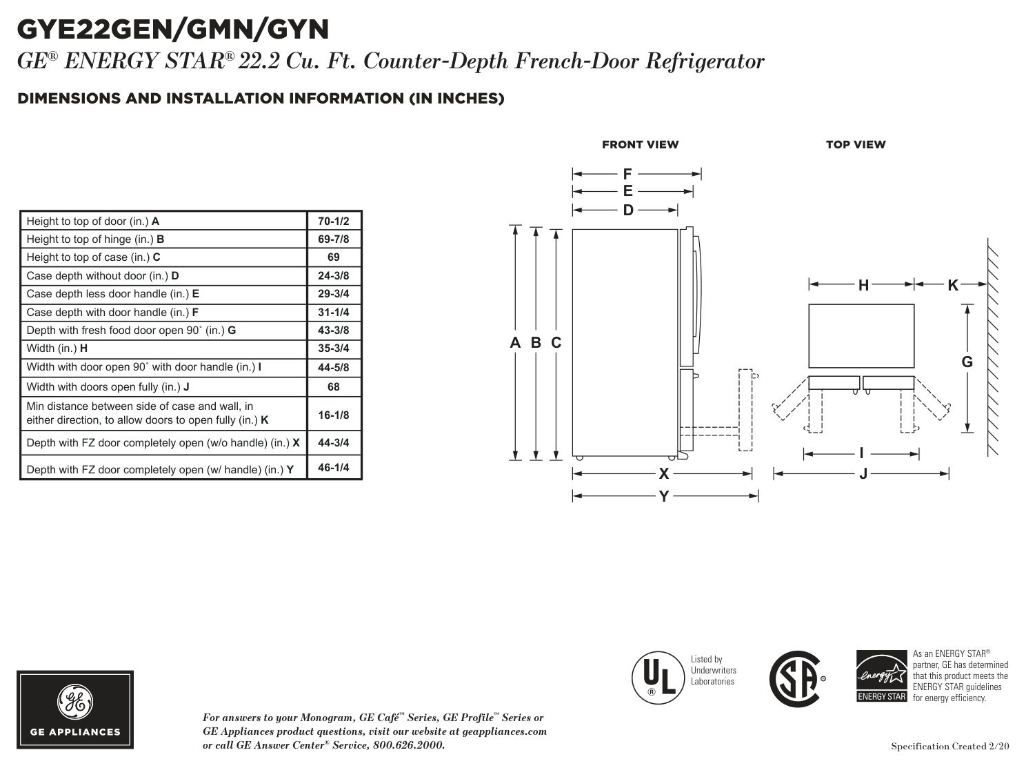 Dimension drawing for the GE Appliances GYE22GENDS, from the installation instructions
