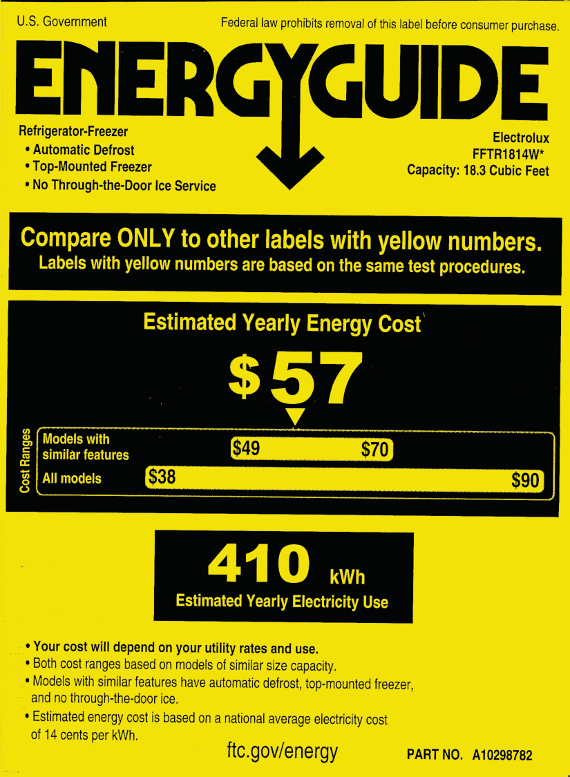EnergyGuide label for the Frigidaire FFTR1814WB, from the manufacturer document