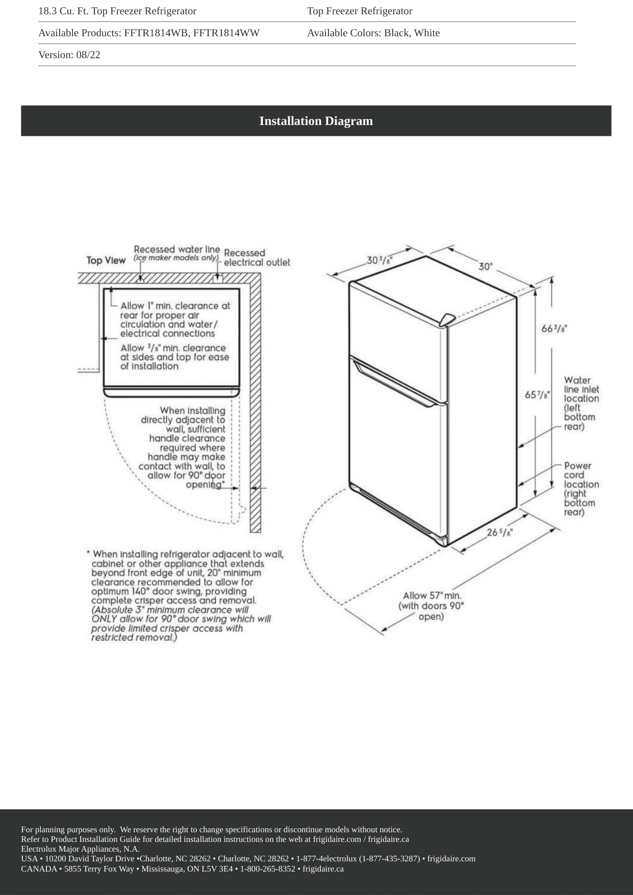 Installation diagram for the Frigidaire FFTR1814WB, from the spec sheet