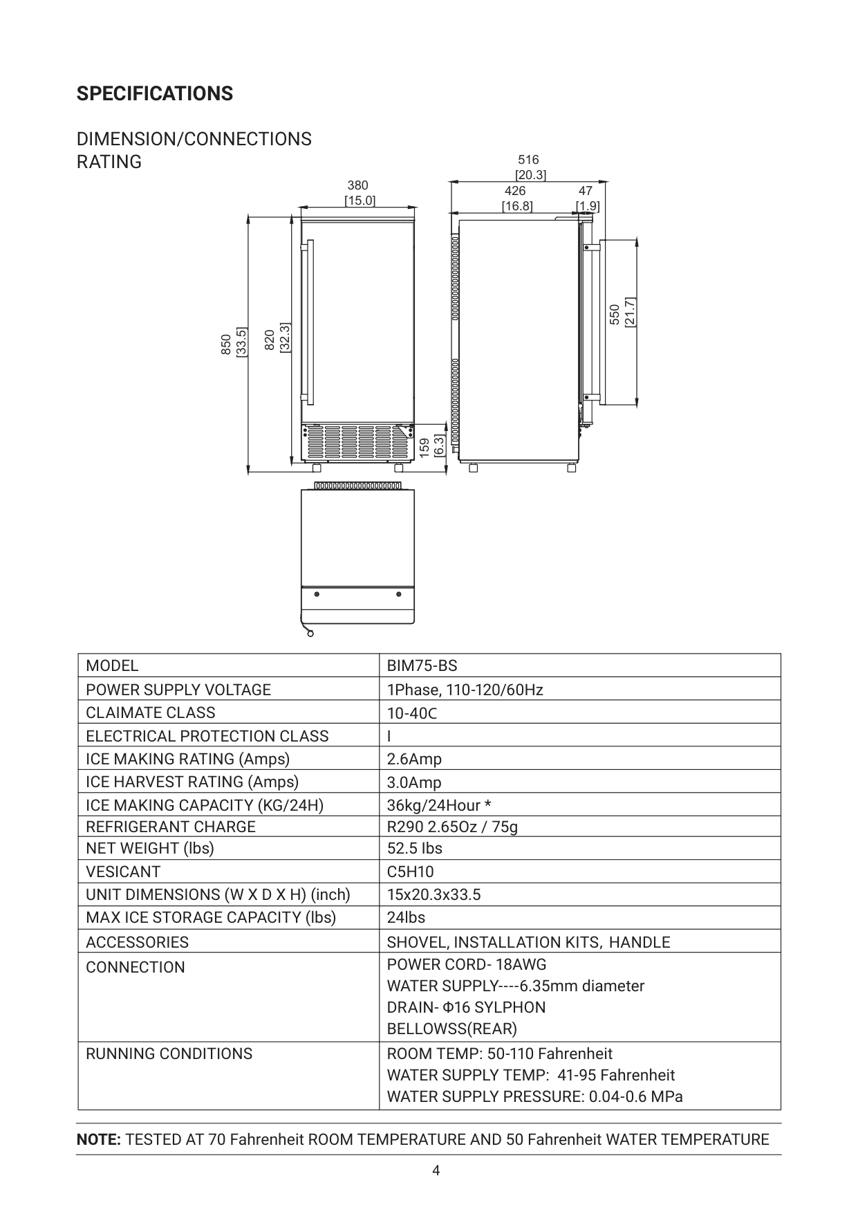 Dimension drawing for the KoolMore BIM75-BS, from the owner's manual