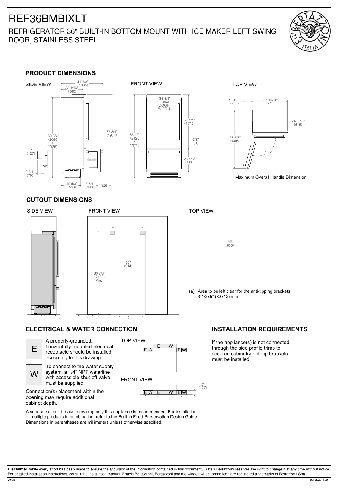 Dimension drawing for the Bertazzoni REF36BMBIXLT, from the installation instructions