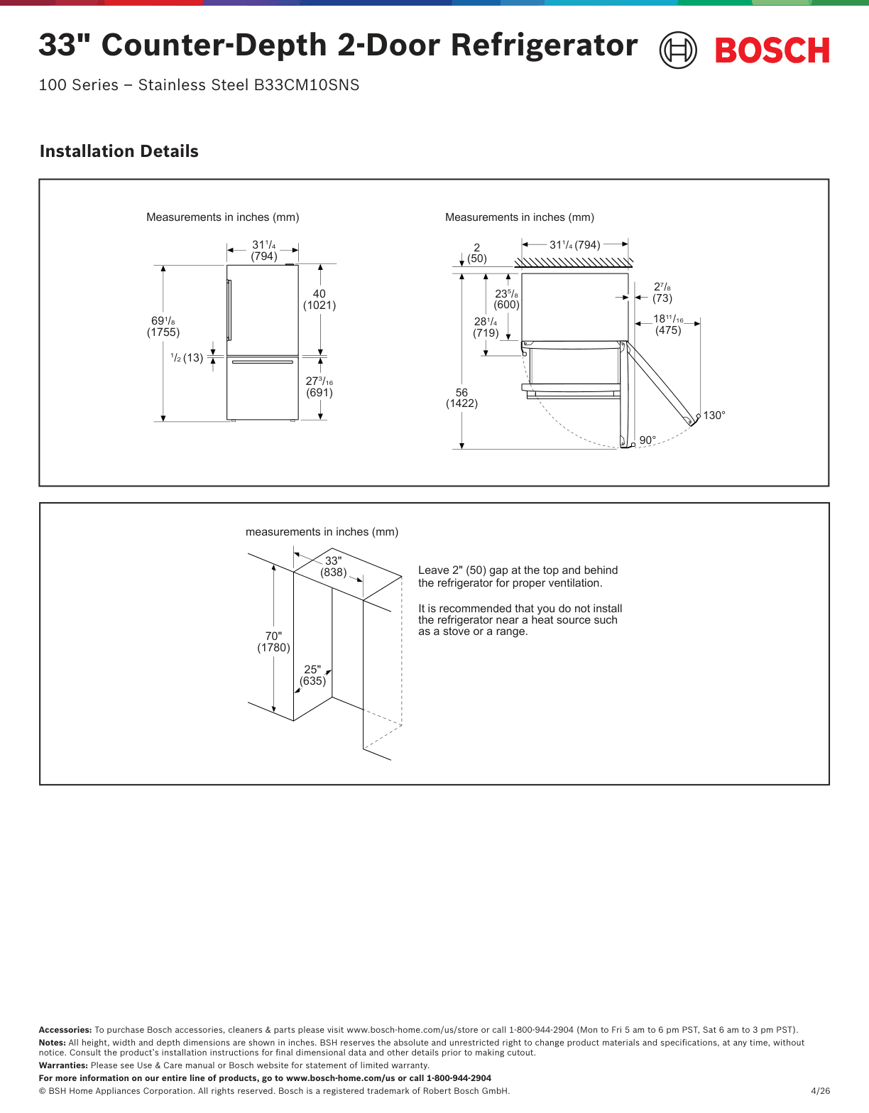 Dimension drawing for the Bosch B33CM10SNS, from the installation instructions
