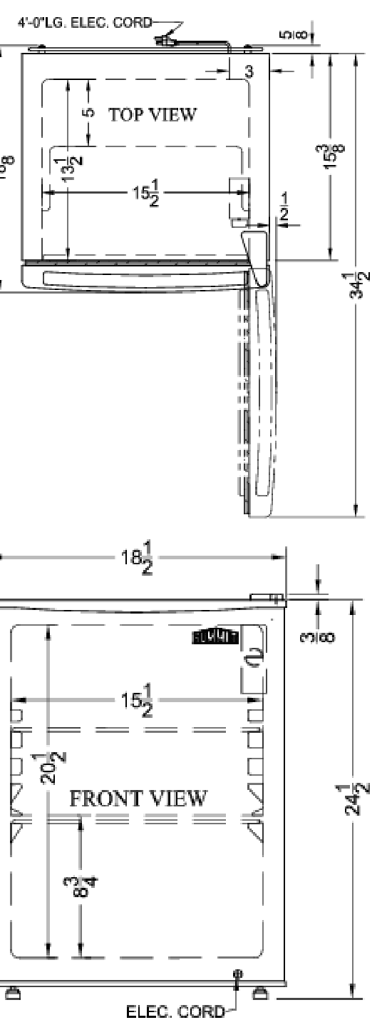 Dimension drawing for the Summit Appliance FF29K, from the owner's manual