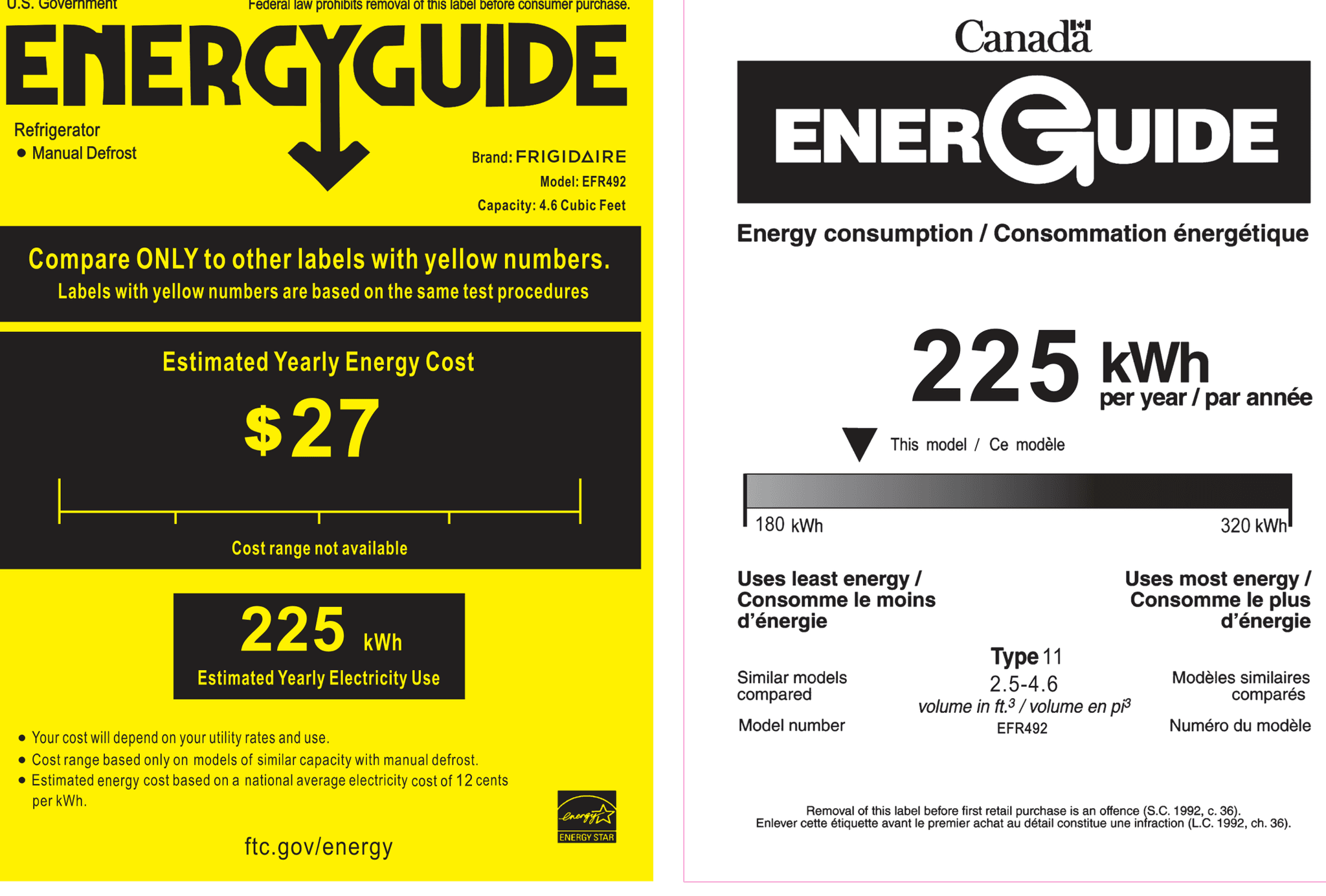 EnergyGuide label for the Frigidaire EFR492, from the owner's manual