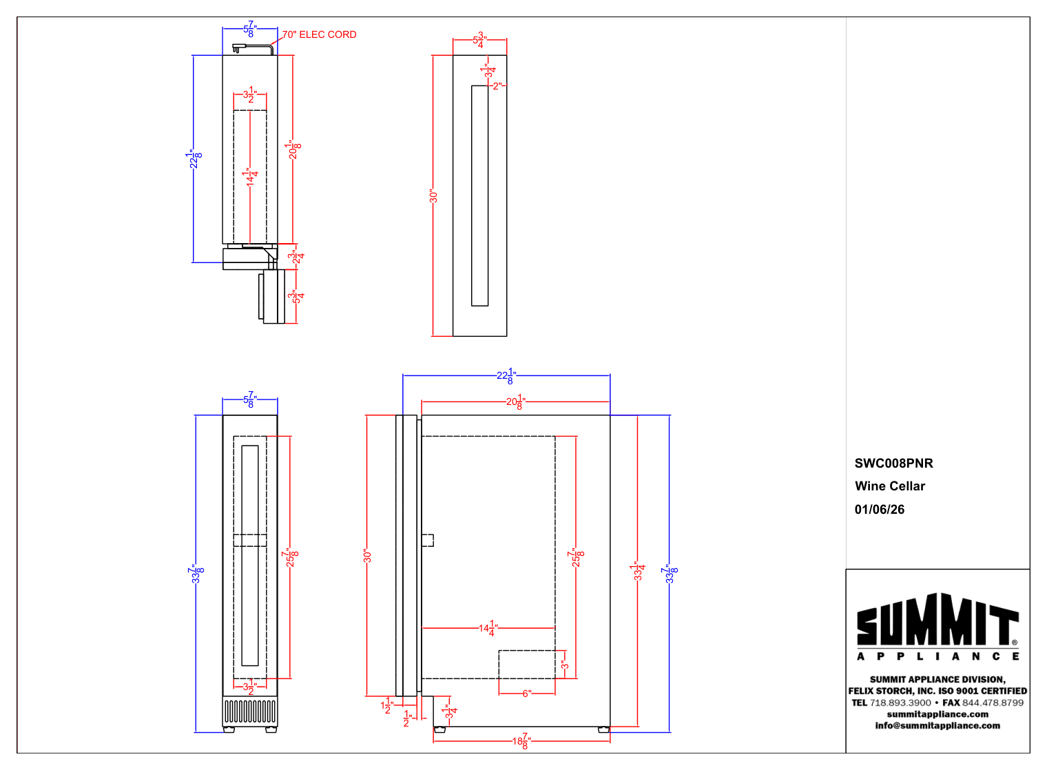 Dimension drawing for the Summit Appliance SWC008PNR, from the owner's manual