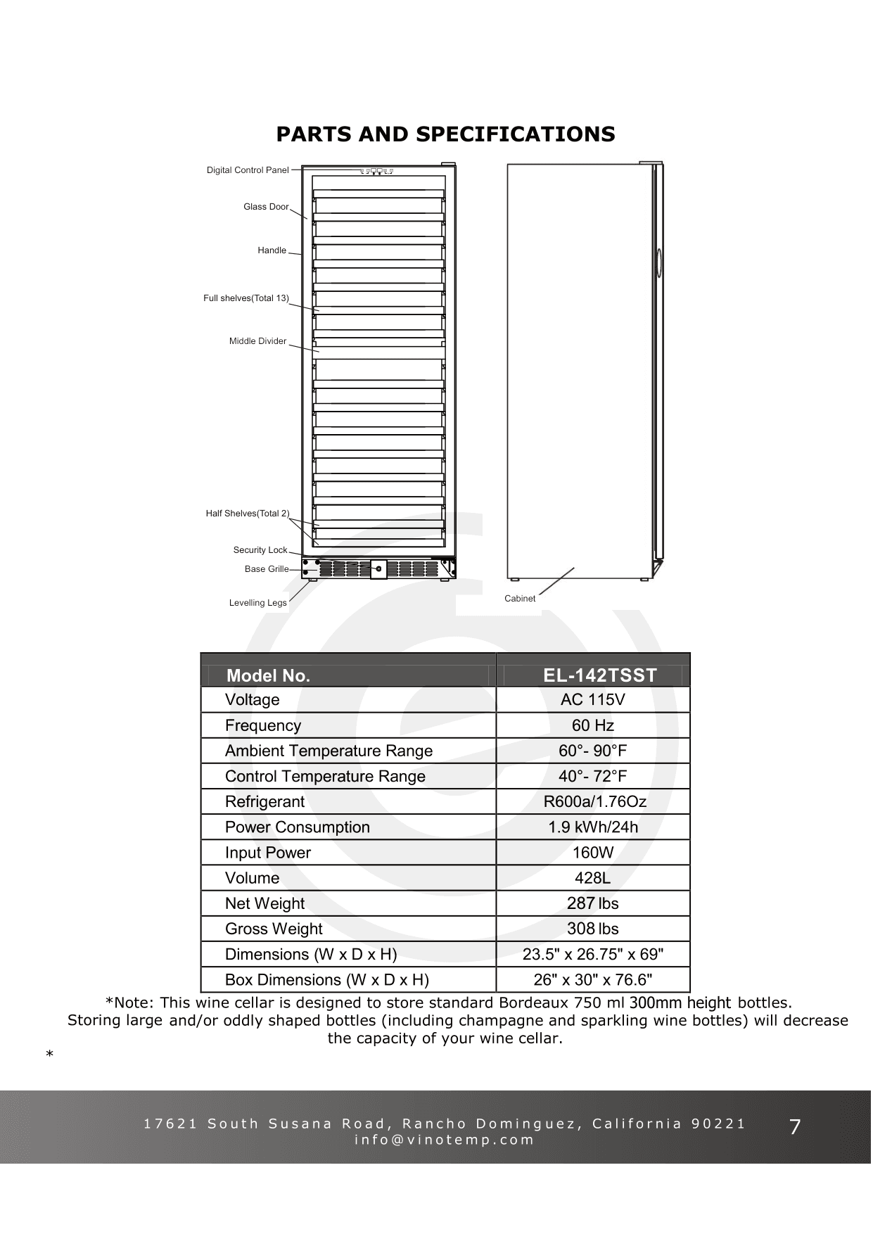 Parts diagram for the Vinotemp EL-142TSST, from the owner's manual