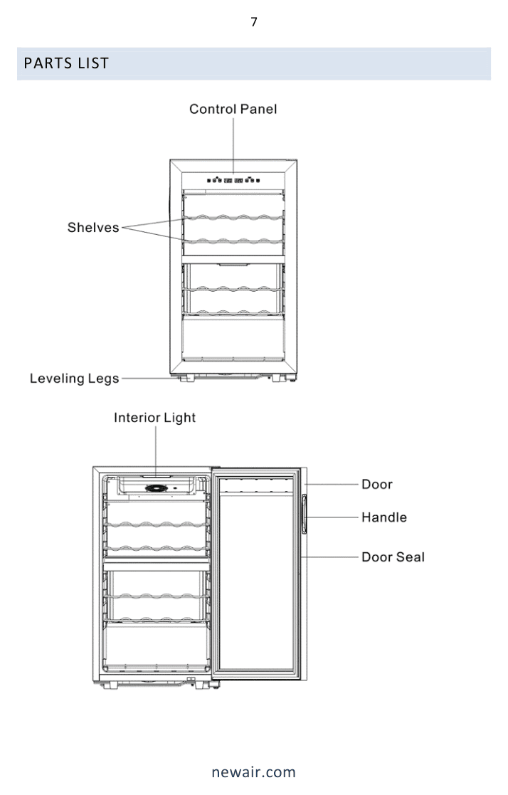 Parts diagram for the NewAir NWC028SS01, from the owner's manual