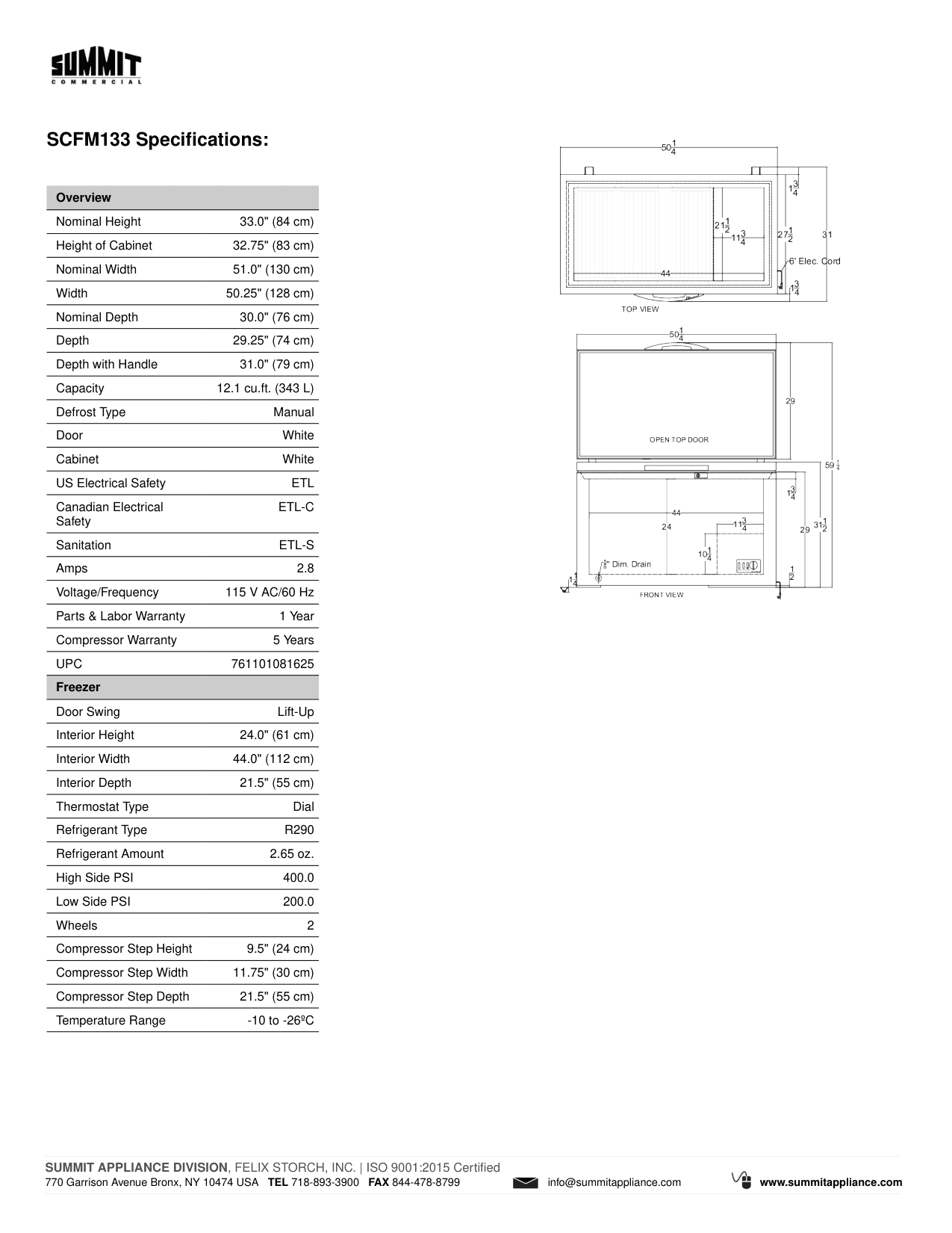 Dimension drawing for the Summit Appliance SCFM133, from the spec sheet