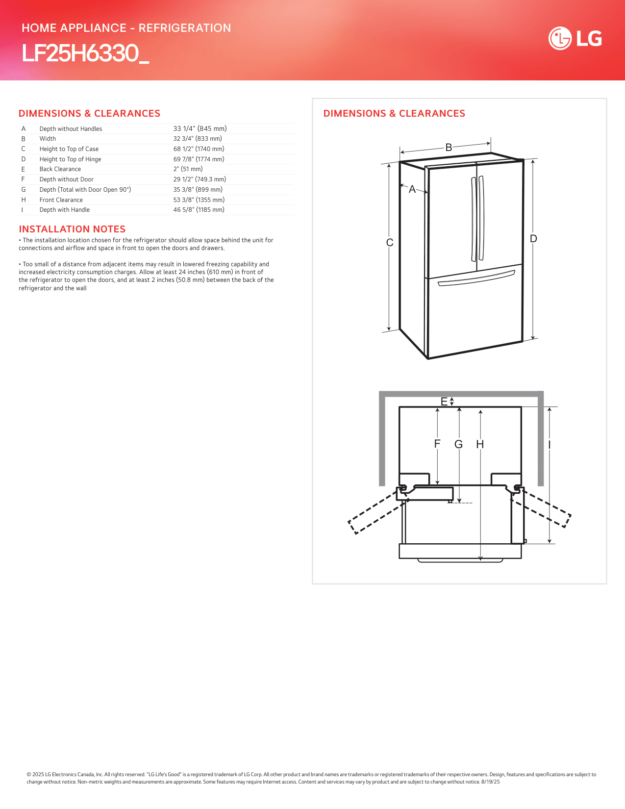 Dimension drawing for the LG LF25H6330S, from the spec sheet