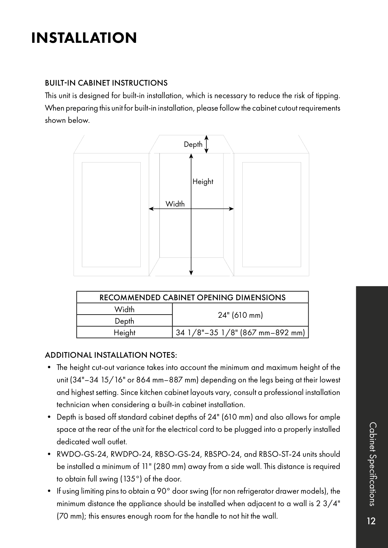 Installation diagram for the ZLINE RWDO-GS-24, from the owner's manual