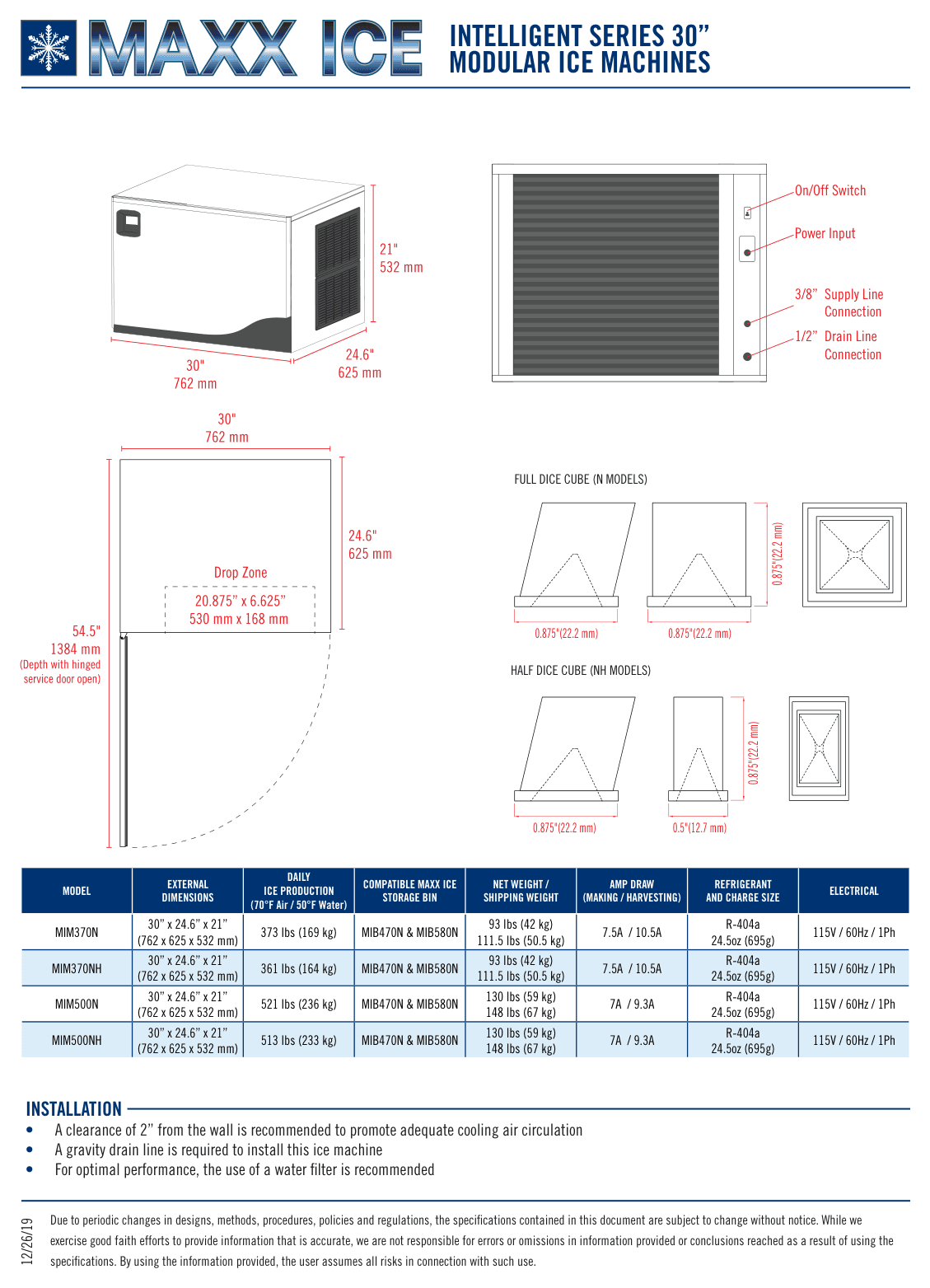 Dimension drawing for the Maxx Ice MIM370N, from the owner's manual
