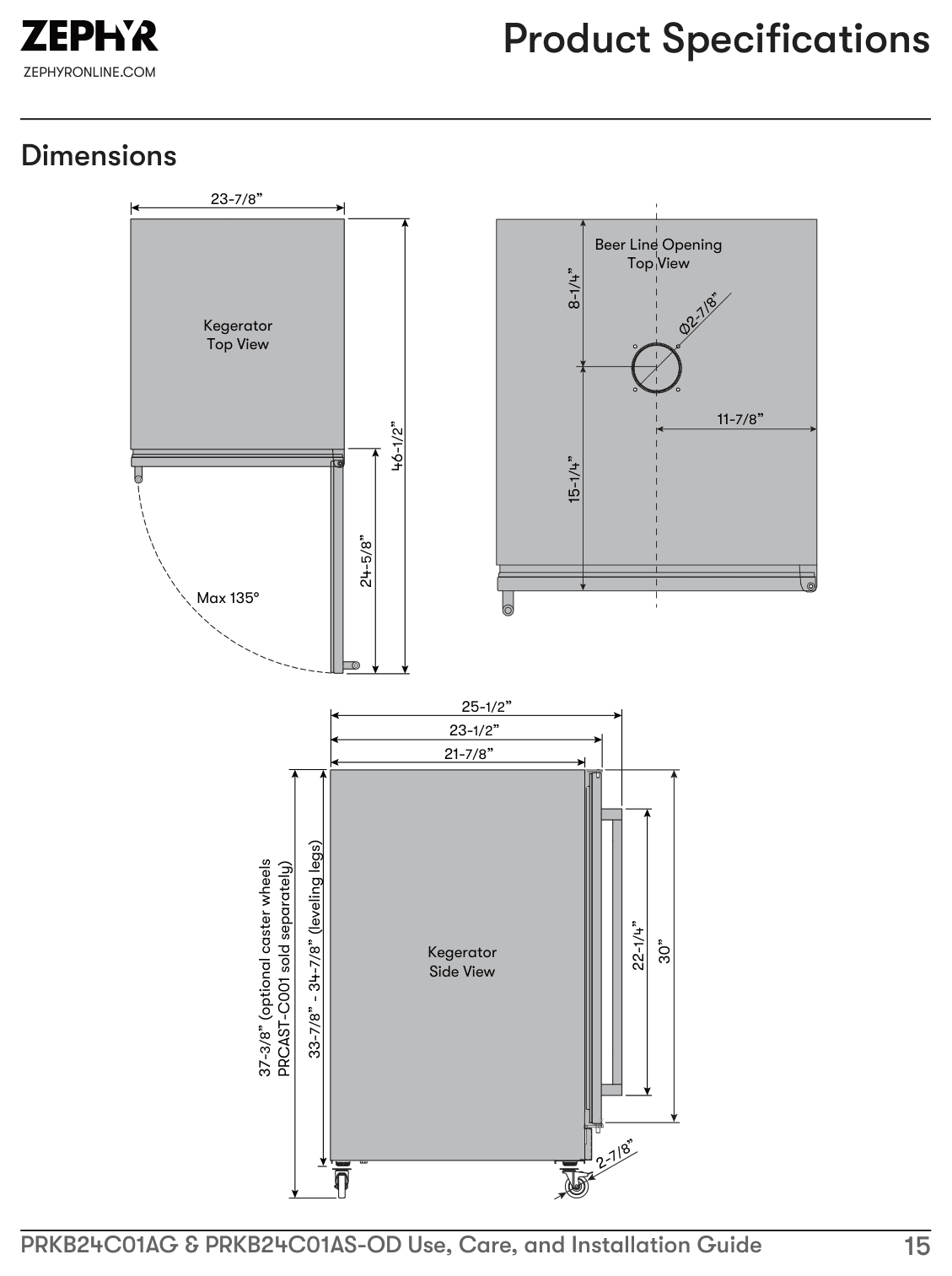Dimension drawing for the Zephyr PRKB24C01AG, from the installation instructions