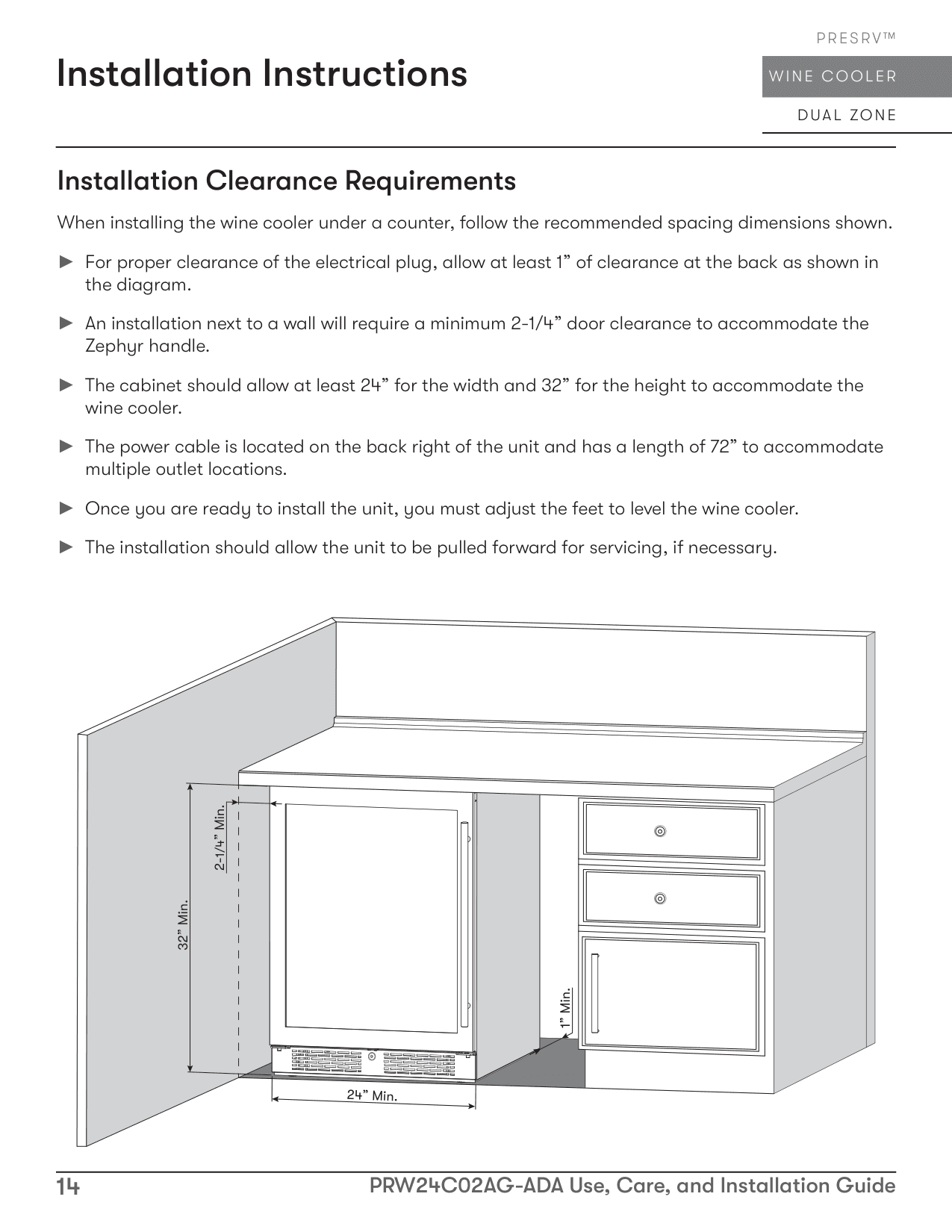 Installation diagram for the Zephyr PRW24C02AG-ADA, from the owner's manual