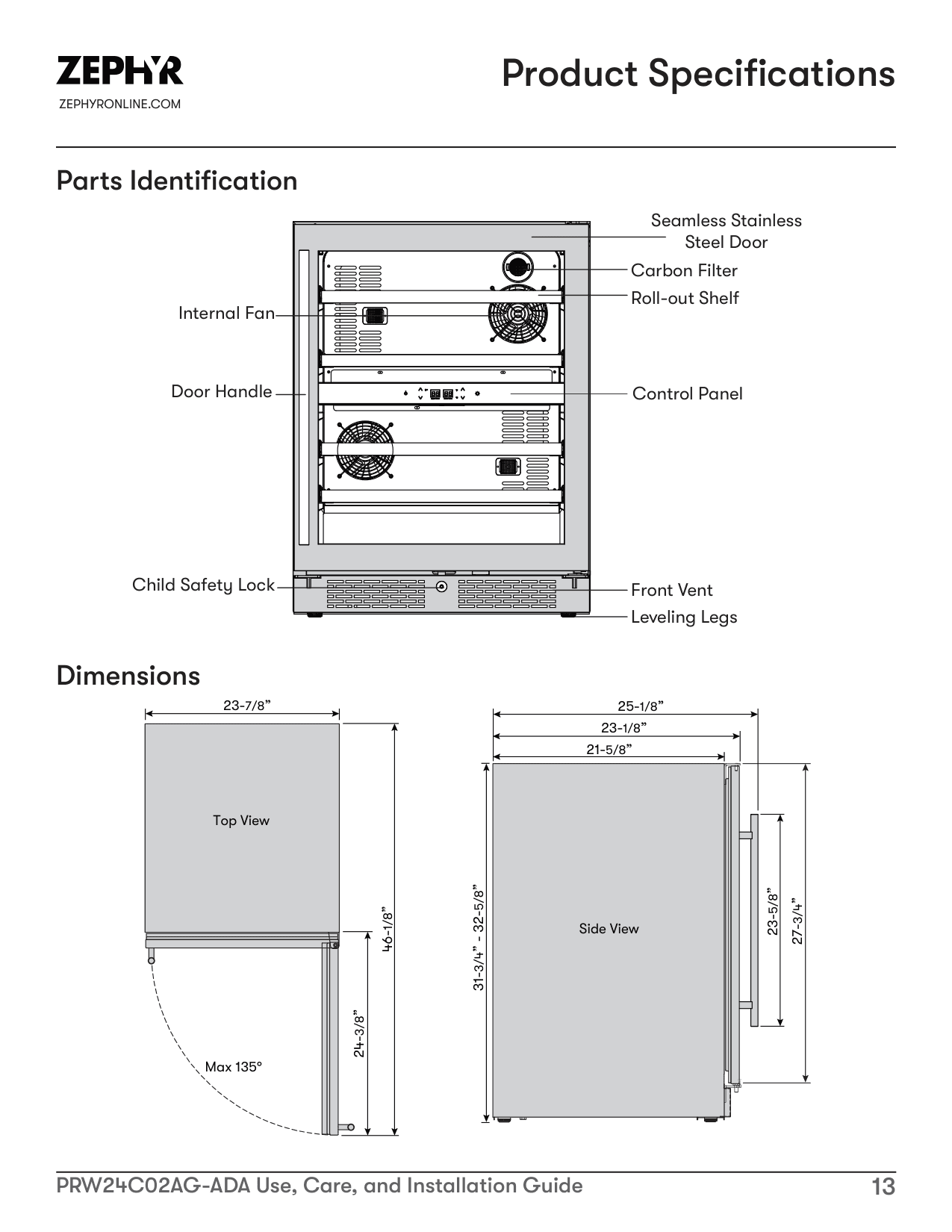 Parts diagram for the Zephyr PRW24C02AG-ADA, from the owner's manual