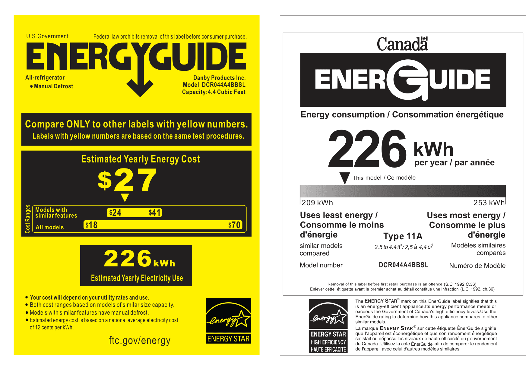 EnergyGuide label for the Danby DCR044A4BBSL, from the manufacturer document