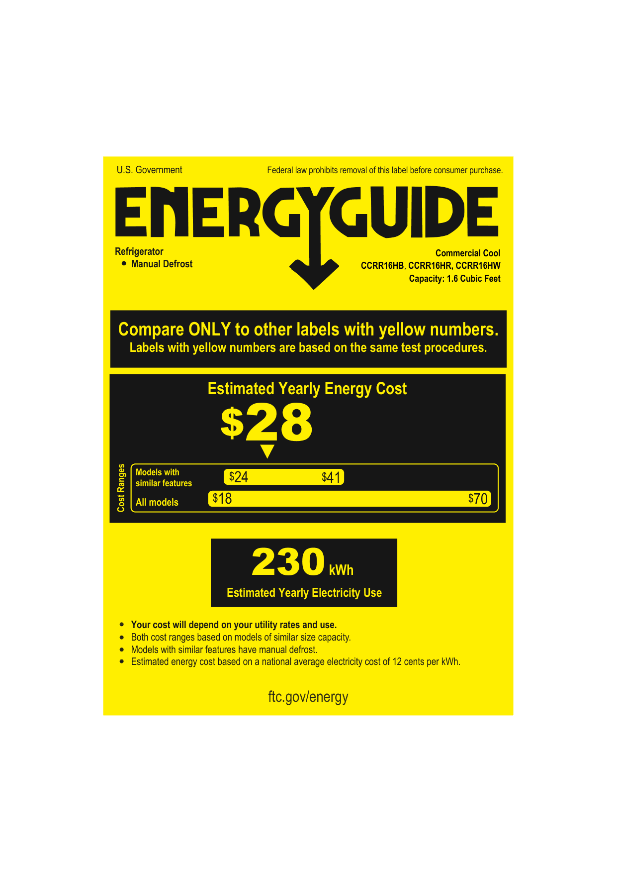 EnergyGuide label for the Commercial Cool CCRR16HR, from the manufacturer document