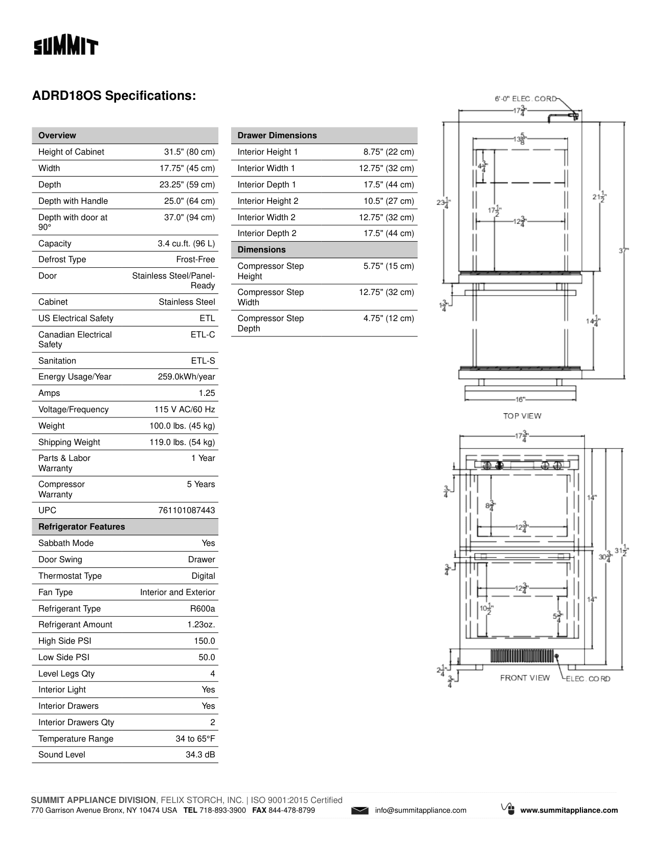 Dimension drawing for the Summit Appliance ADRD18OS, from the spec sheet