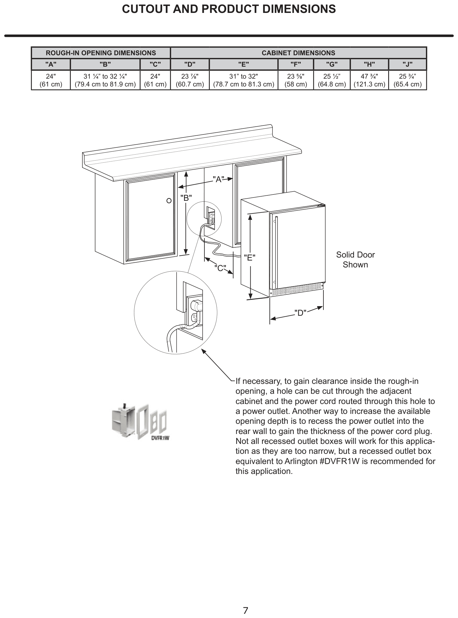 Installation diagram for the Marvel Refrigeration MARE124SS31A, from the owner's manual