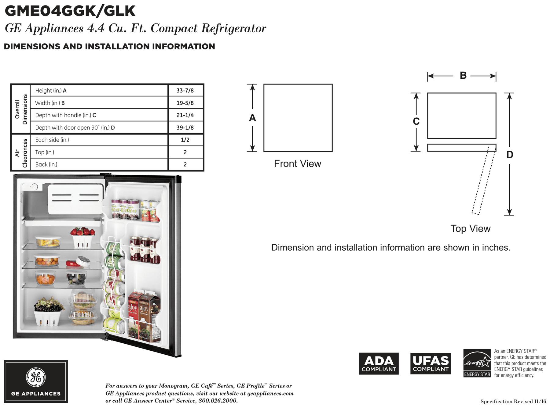 Dimension drawing for the GE Appliances GME04GLKLB, from the spec sheet
