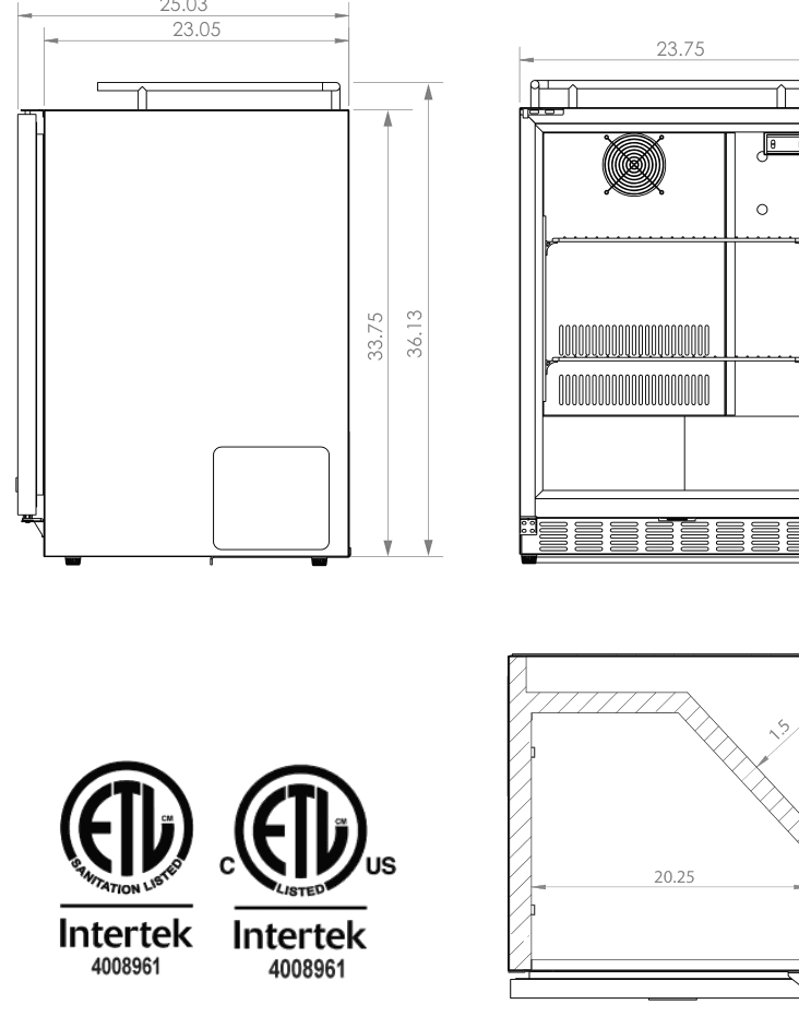 Dimension drawing for the Kegco HK38BSC-1, from the spec sheet