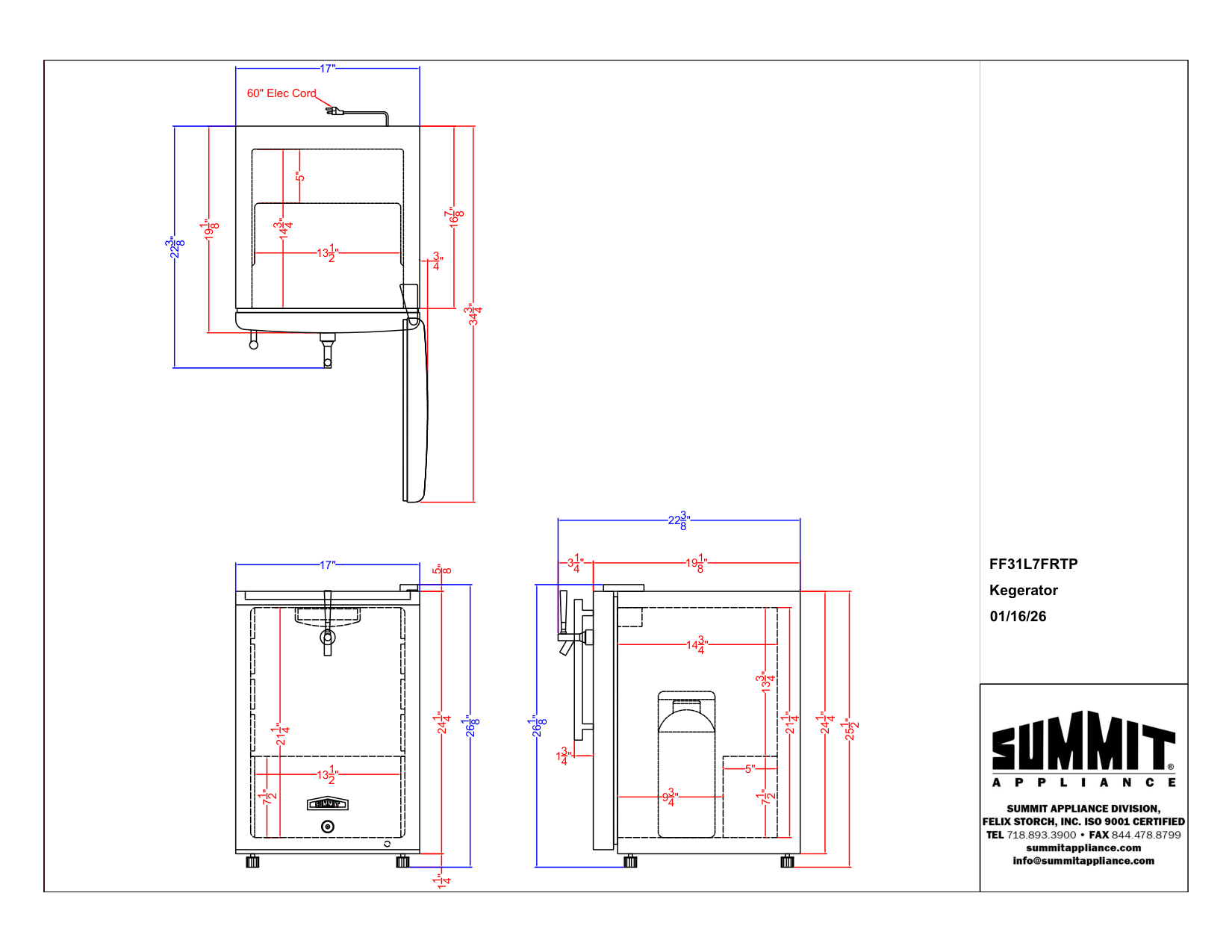 Dimension drawing for the Summit Appliance FF31L7FRTP, from the manufacturer document
