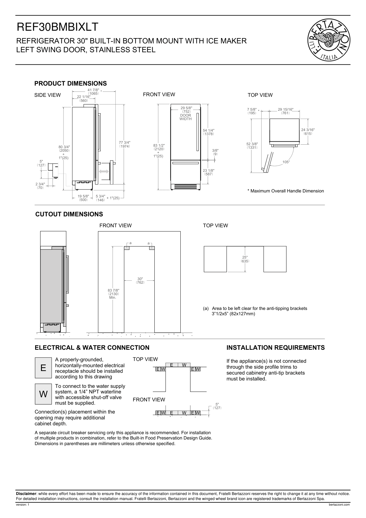 Dimension drawing for the Bertazzoni REF30BMBIXLT, from the spec sheet