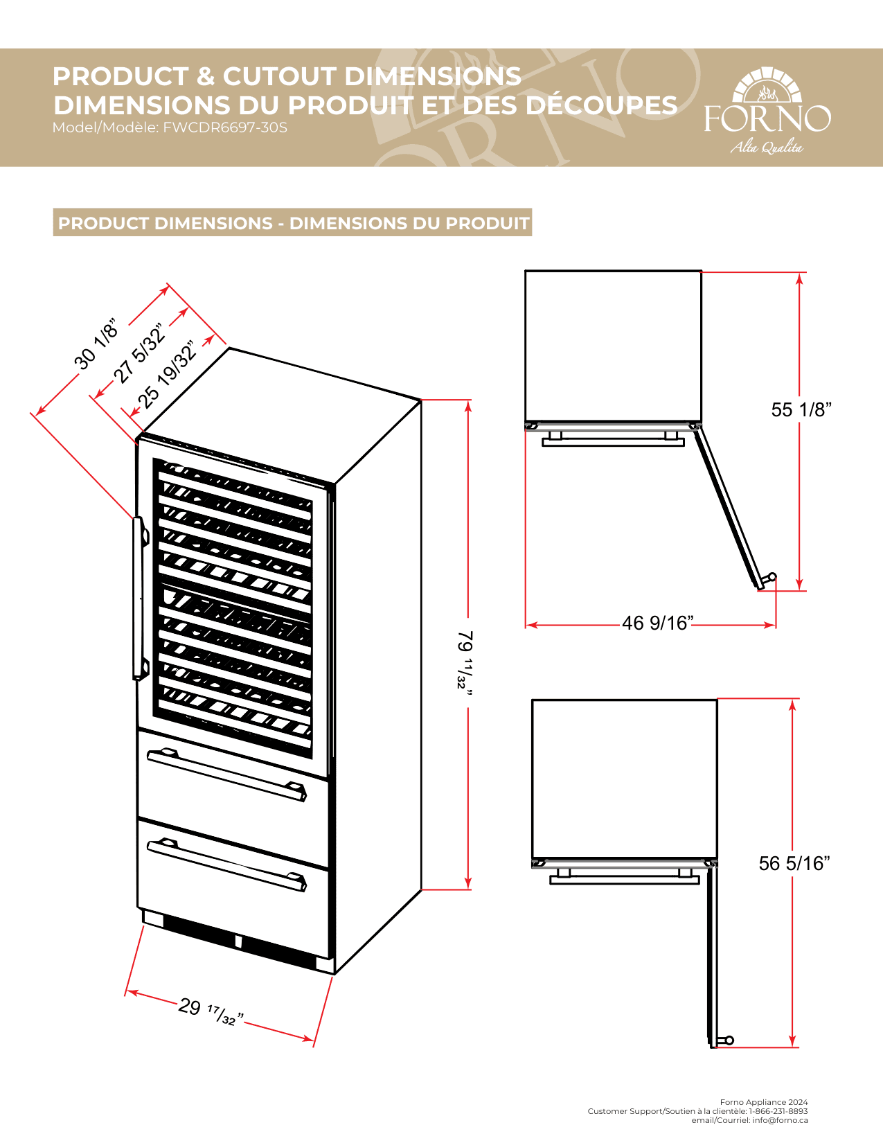 Dimension drawing for the Forno FWCDR6697-30S, from the manufacturer document