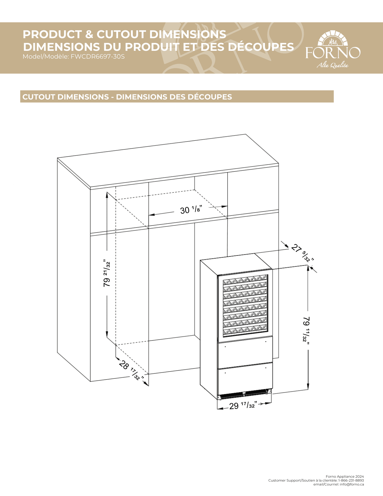 Dimension drawing for the Forno FWCDR6697-30S, from the manufacturer document