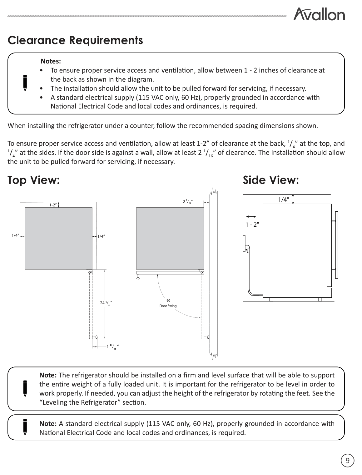 Installation diagram for the Avallon AWC242DZRH, from the owner's manual