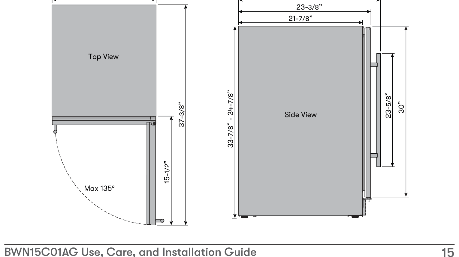 Dimension drawing for the Zephyr BWN15C01AG, from the owner's manual