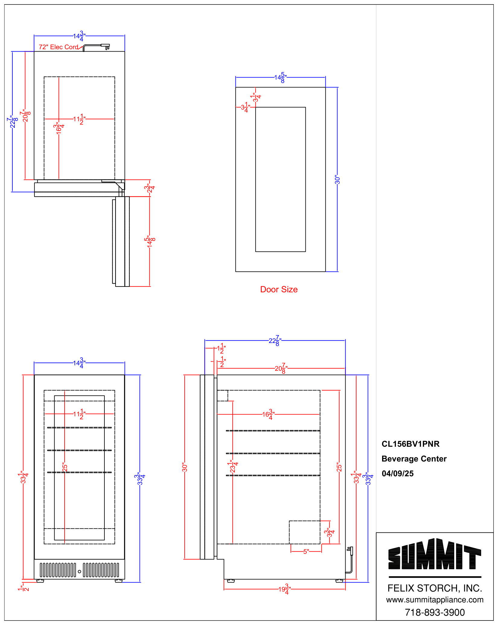 Dimension drawing for the Summit Appliance CL156BV1PNRLHD, from the dimension drawing