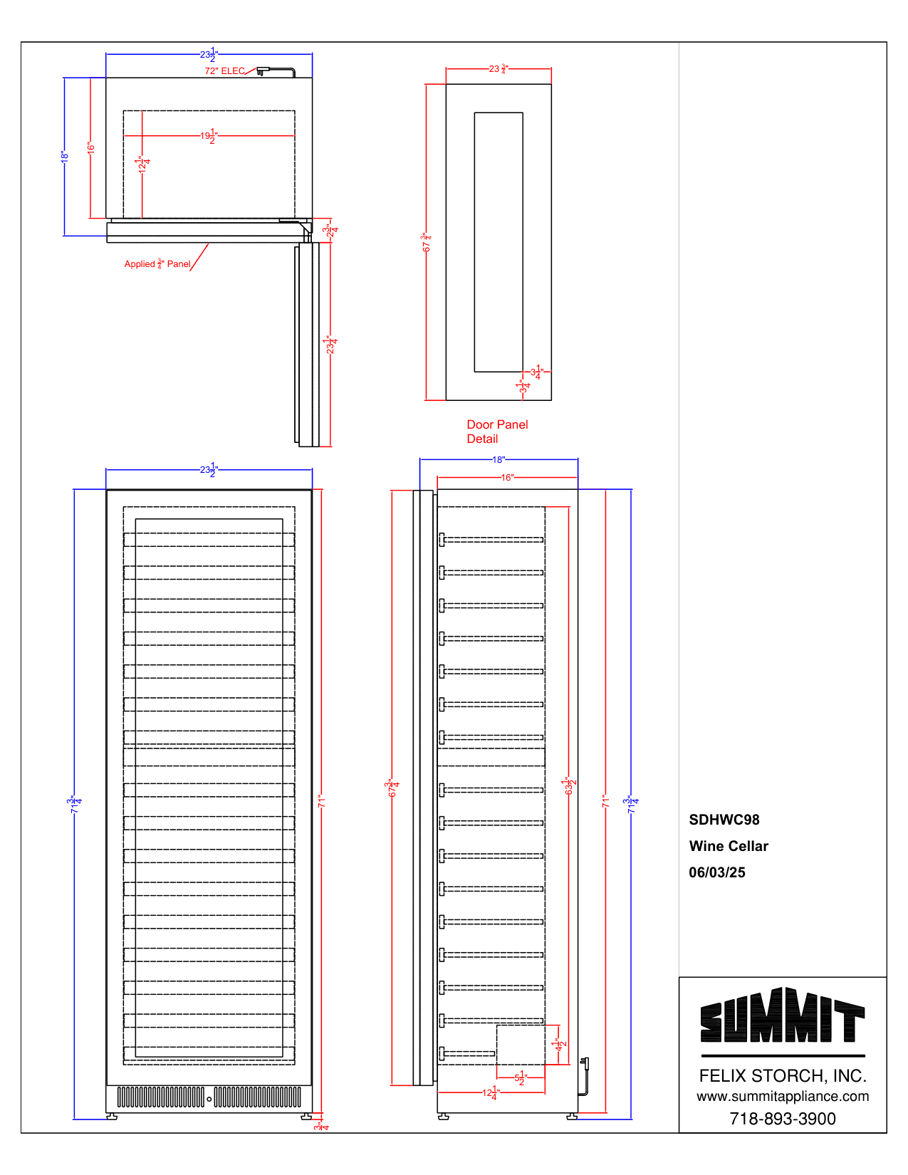 Dimension drawing for the Summit Appliance SDHWC98PNRLHD, from the manufacturer document