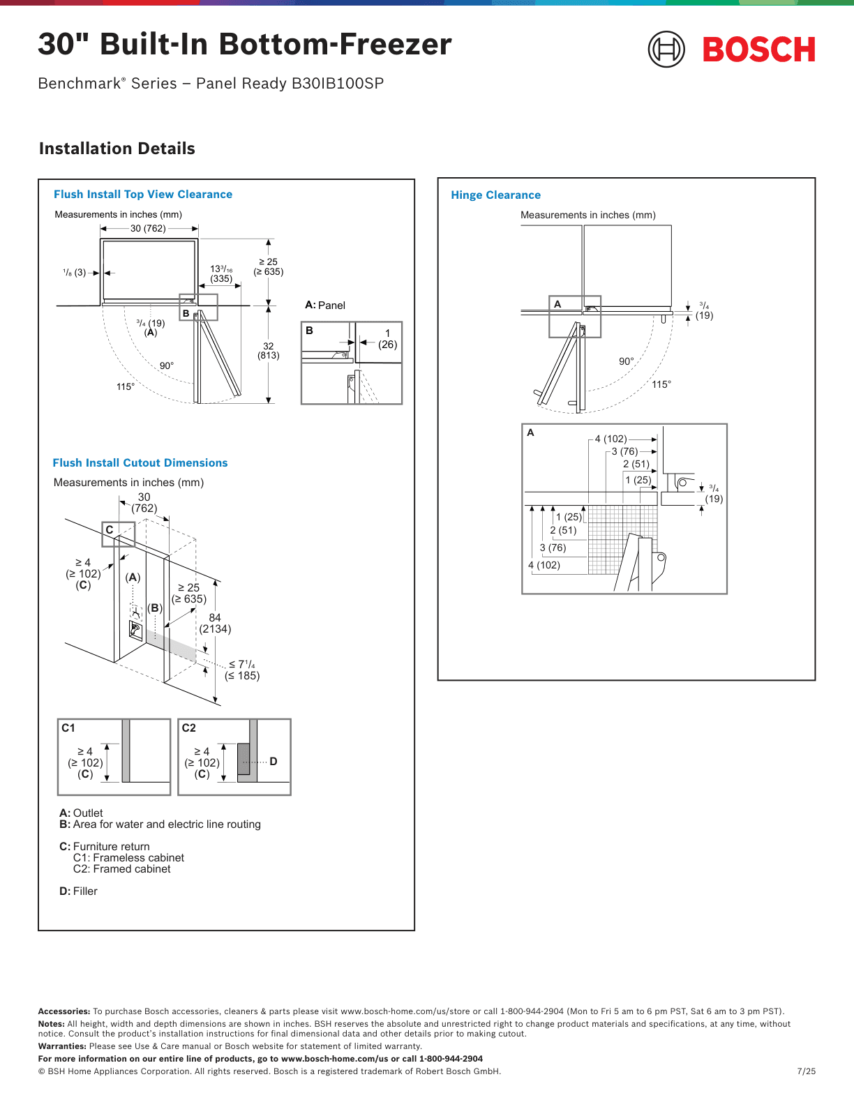 Installation diagram for the Bosch B30IB100SP, from the owner's manual