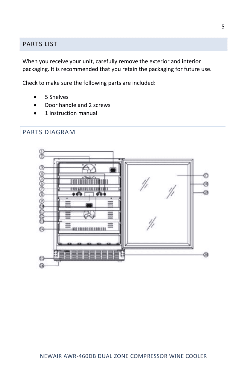 Parts diagram for the NewAir AWR-460DB, from the owner's manual