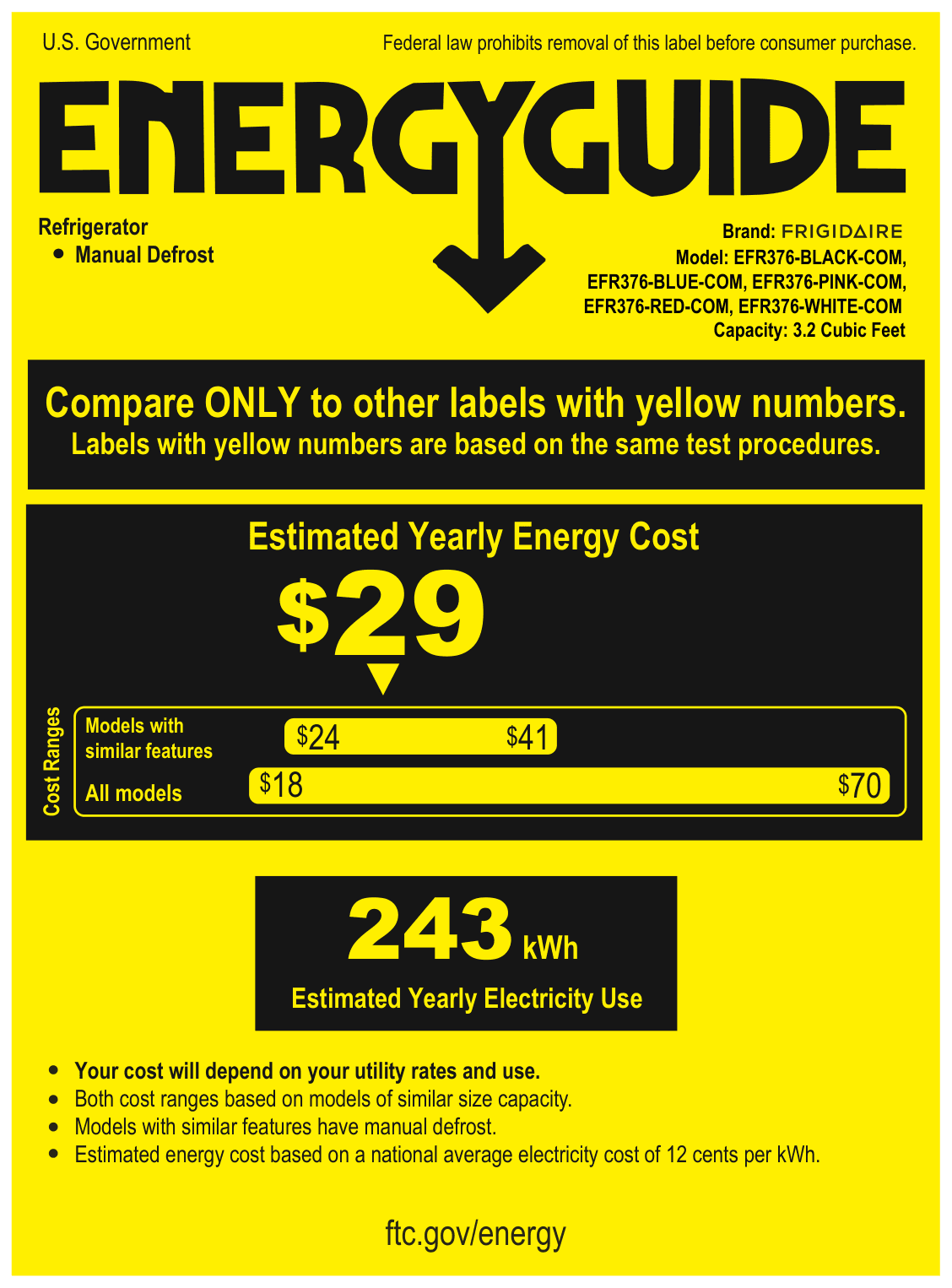 EnergyGuide label for the Frigidaire EFR376-PINK, from the EnergyGuide label