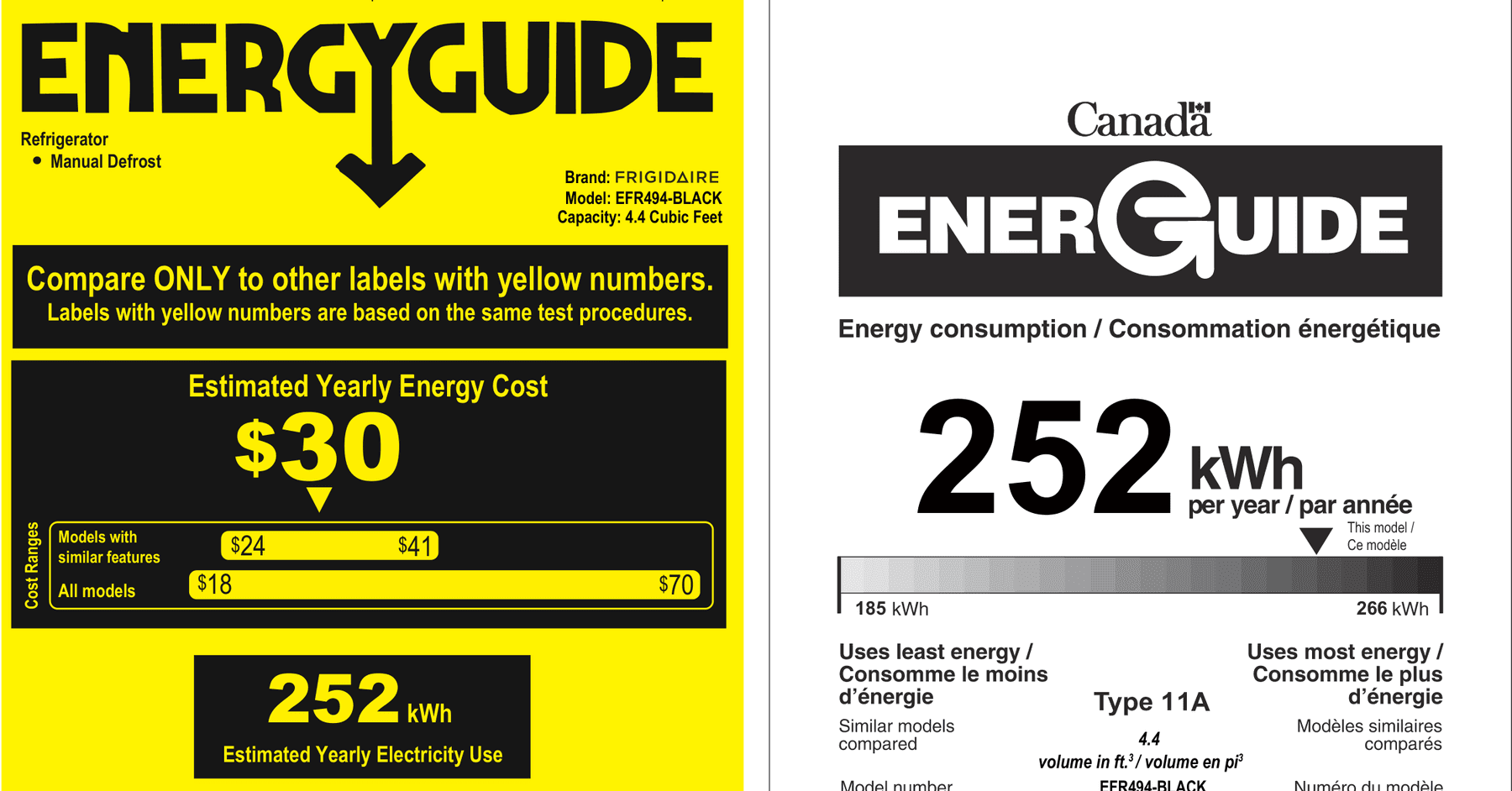 EnergyGuide label for the Frigidaire EFR494-BLACK, from the EnergyGuide label