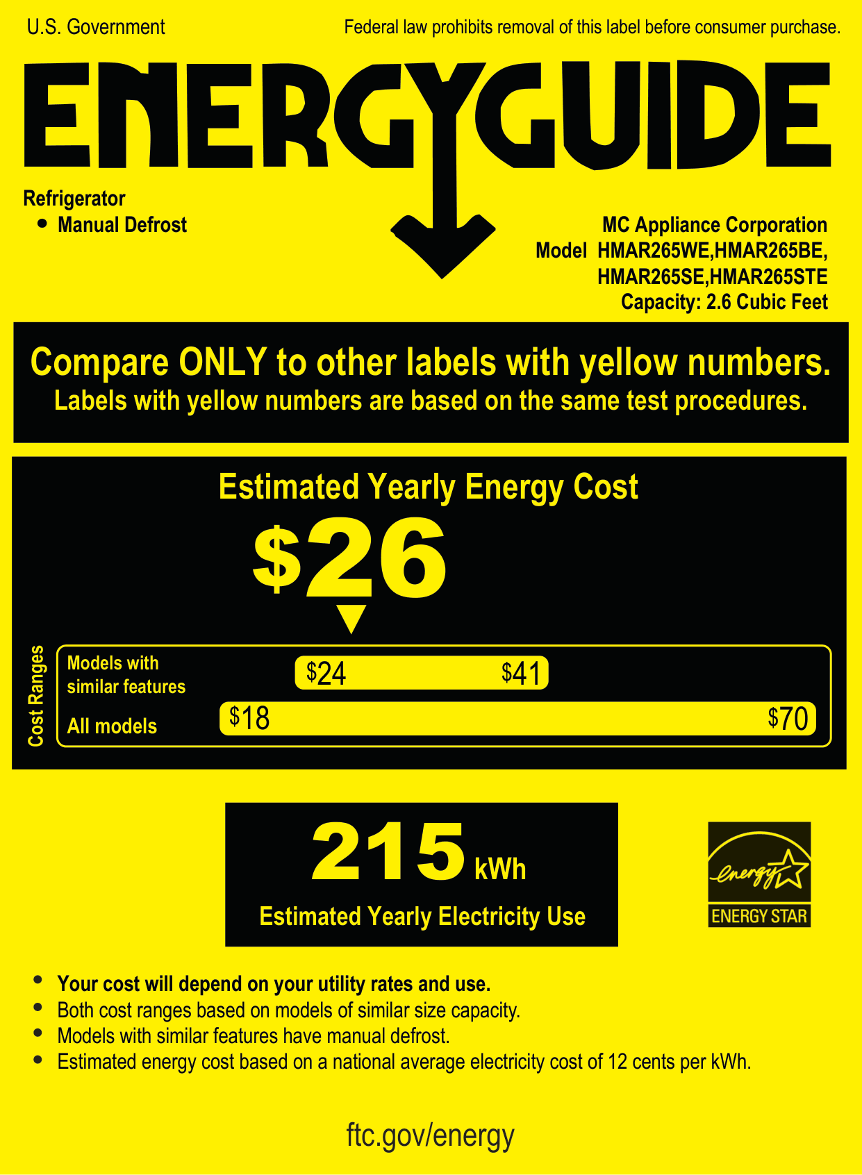 EnergyGuide label for the Magic Chef HMAR265WE, from the manufacturer document