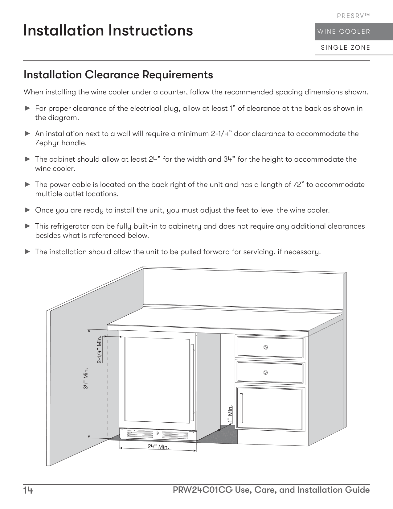 Installation diagram for the Zephyr PRW24C01CG, from the owner's manual