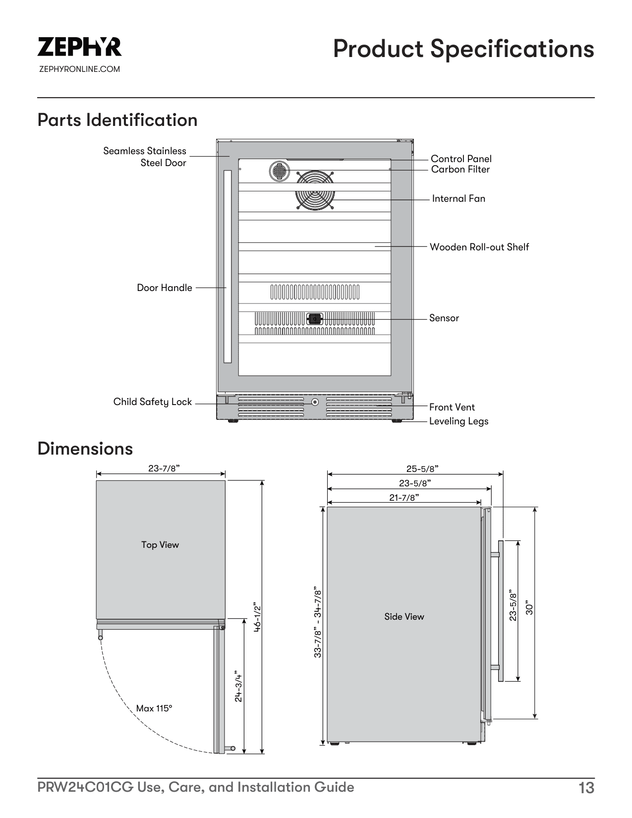 Parts diagram for the Zephyr PRW24C01CG, from the owner's manual