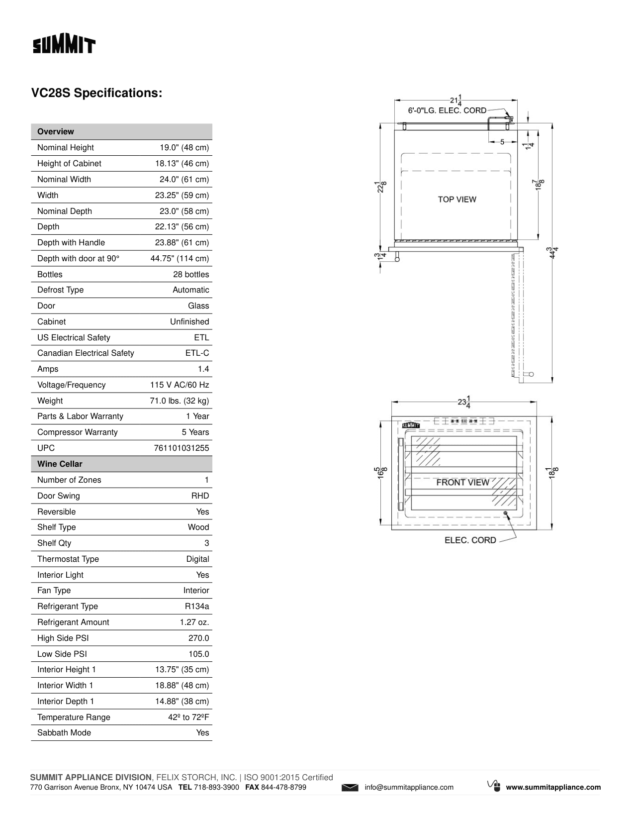 Dimension drawing for the Summit Appliance VC28S, from the spec sheet