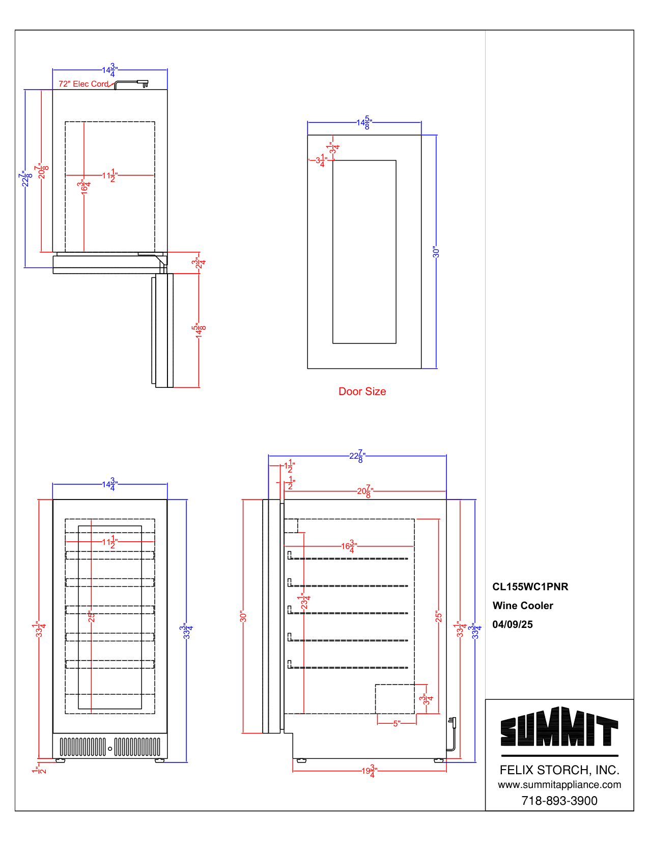 Dimension drawing for the Summit Appliance CL155WC1PNRLHD, from the manufacturer document