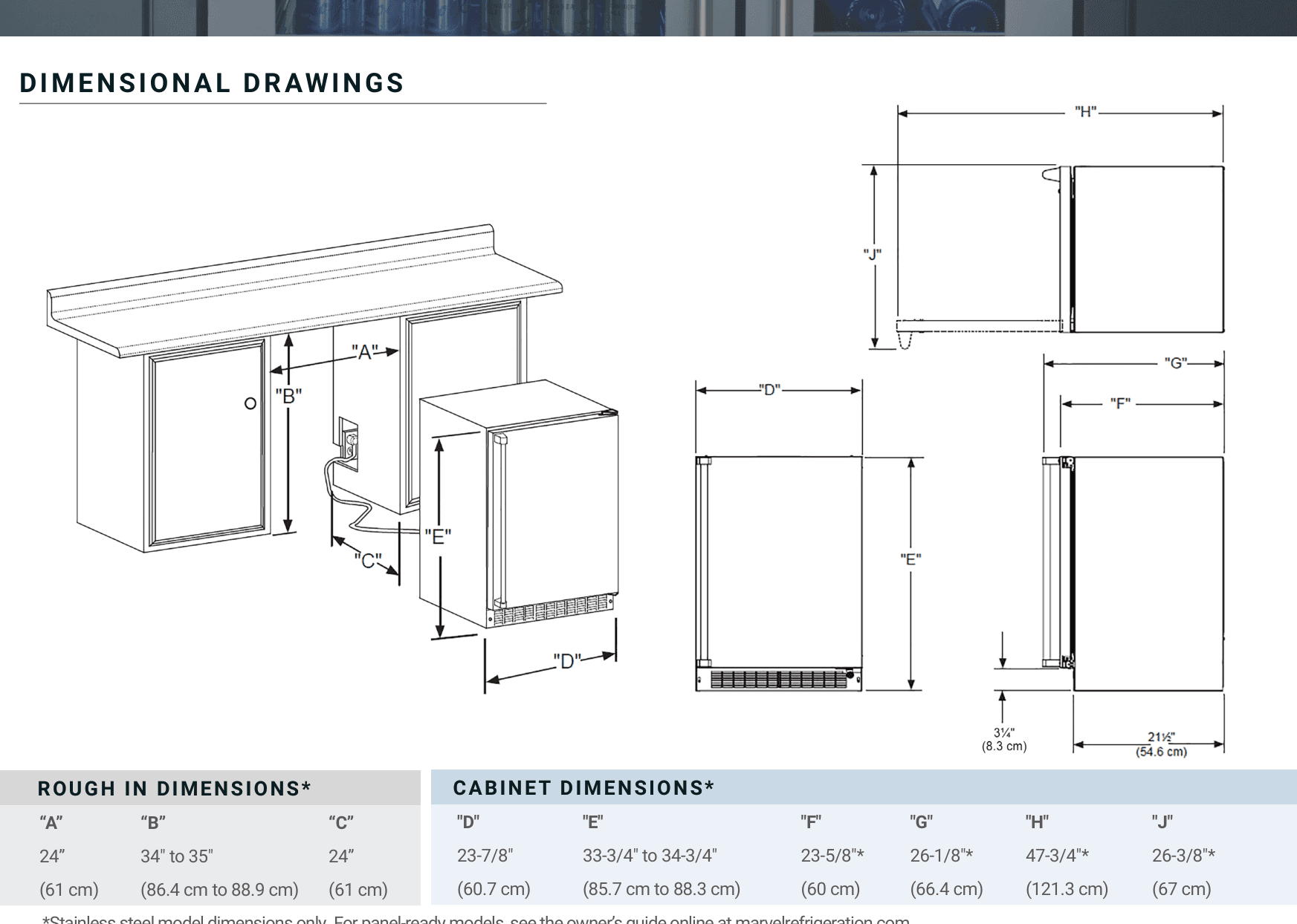 Dimension drawing for the Marvel MPRF424IS31A, from the owner's manual