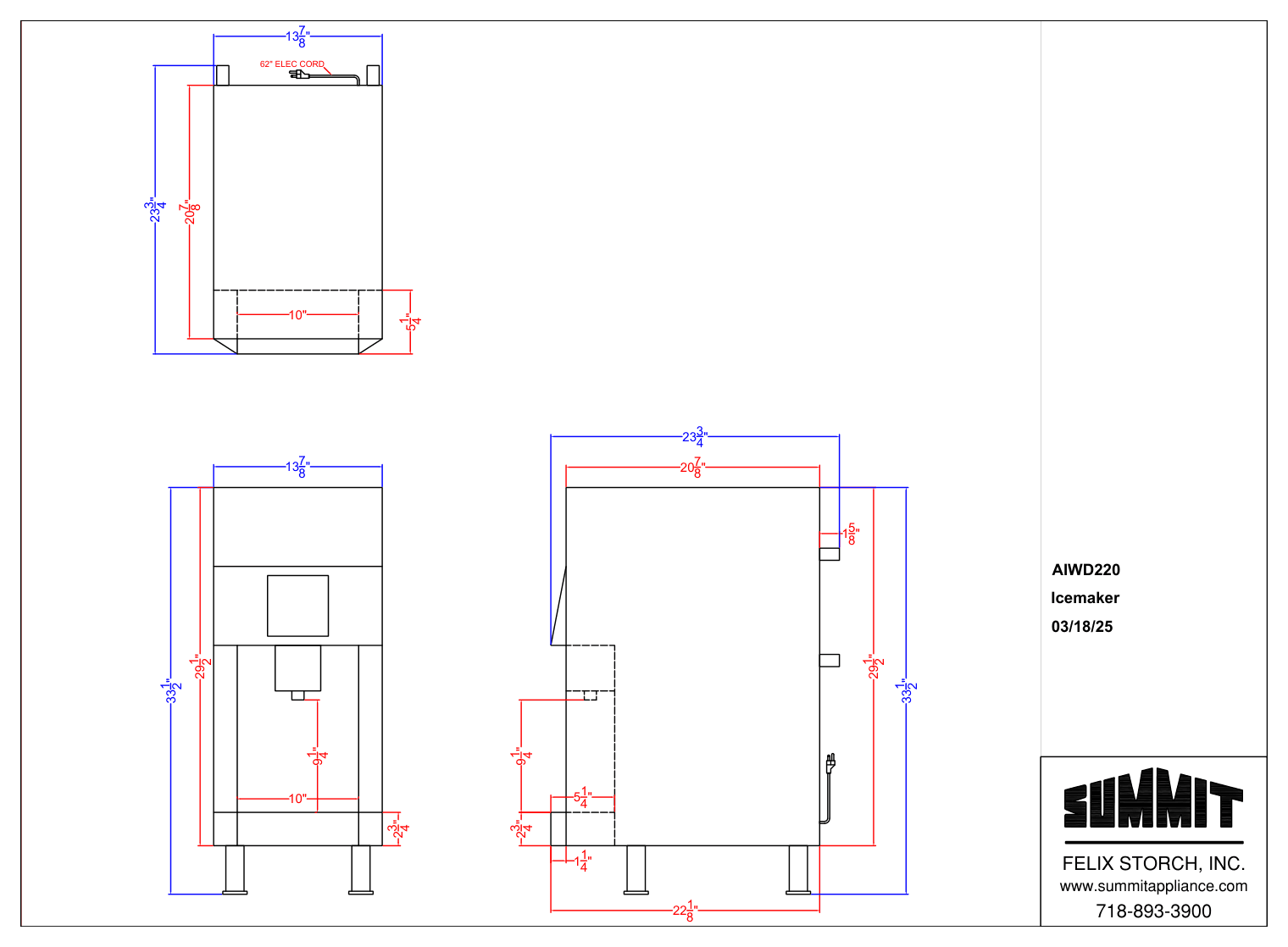 Dimension drawing for the Accucold AIWD220, from the owner's manual