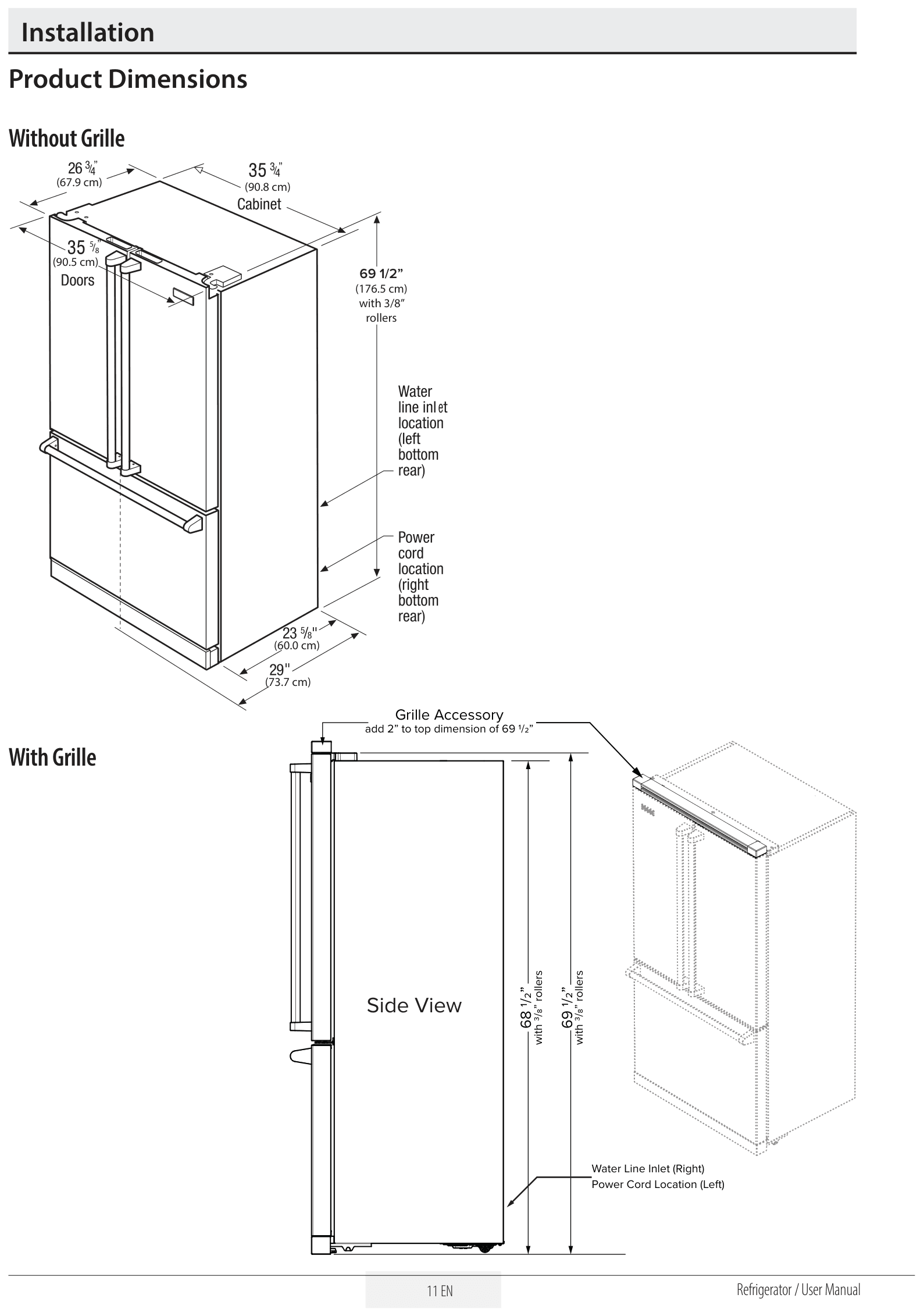 Dimension drawing for the Viking RVFFR336SS, from the owner's manual
