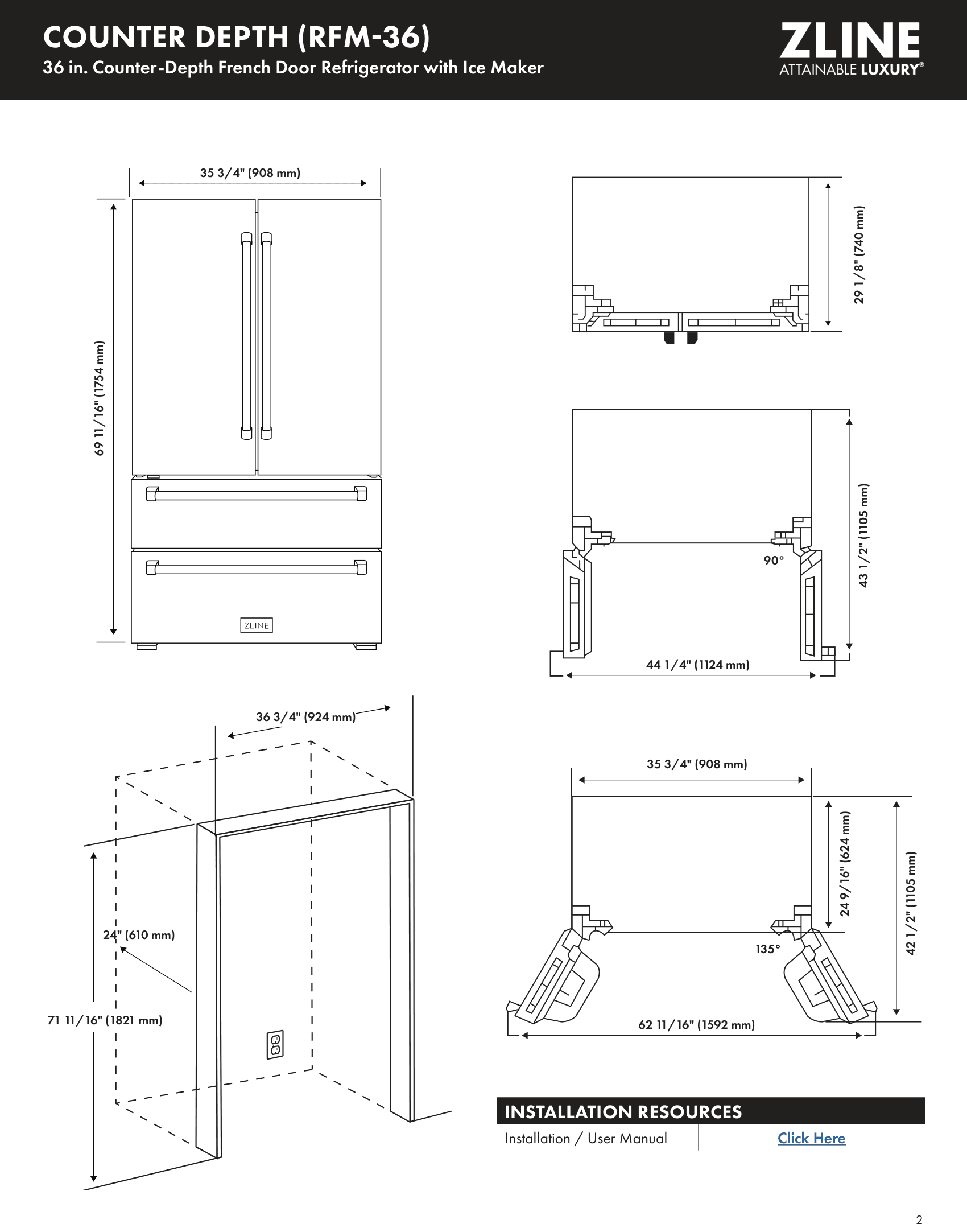 Dimension drawing for the ZLINE RFM-36, from the spec sheet