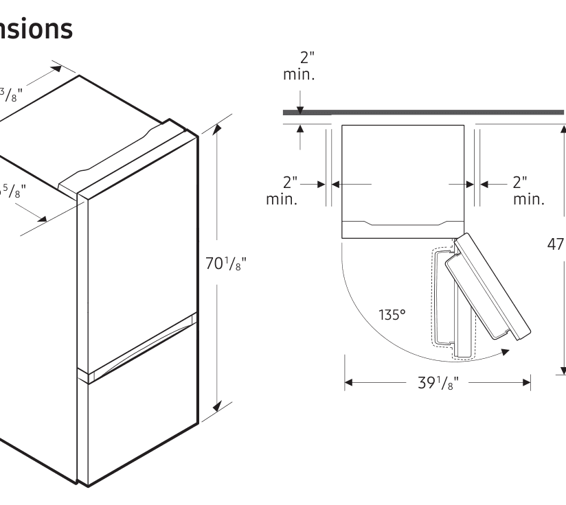 Dimension drawing for the Samsung RB10FSR4ESR, from the owner's manual